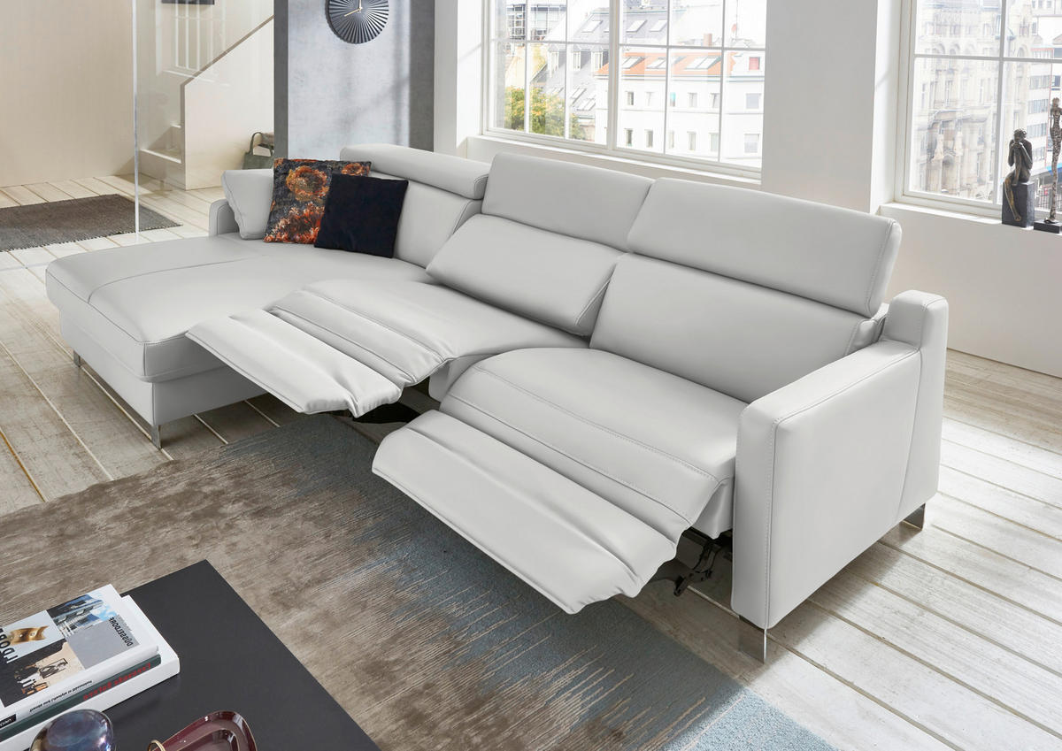 ECKSOFA in Echtleder Hellgrau  - Chromfarben/Hellgrau, Design, Leder/Metall (176/291cm) - Valdera