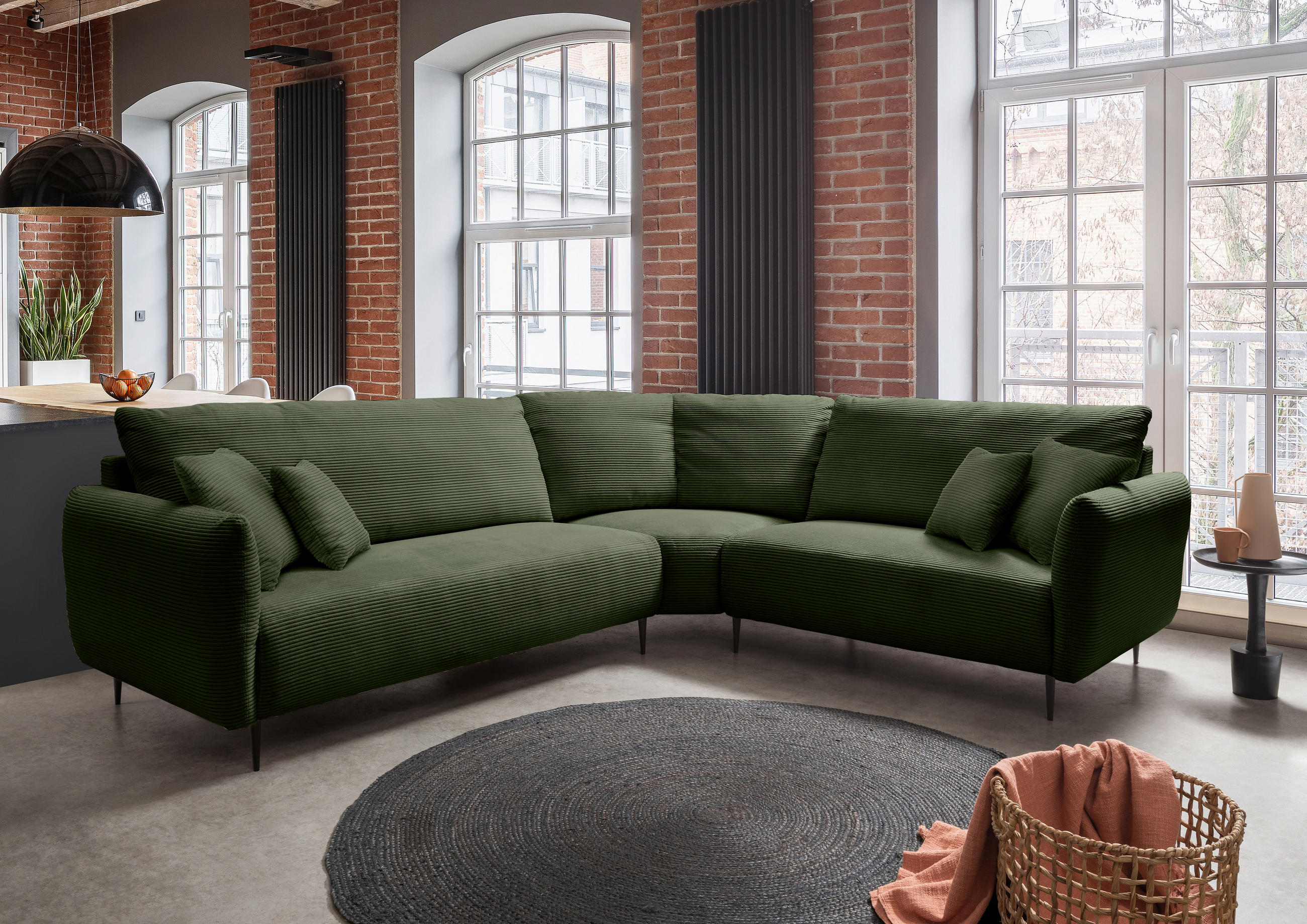 ECKSOFA in Cord Dunkelgrün  - Dunkelgrün/Schwarz, Design, Textil/Metall (294/256cm) - Livetastic