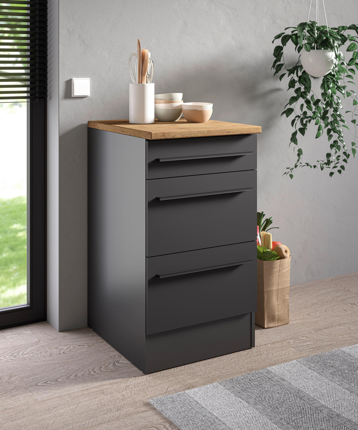 SCHUBKASTENUNTERSCHRANK 50/90/60 cm  in Schwarz  - Eichefarben/Schwarz, Design, Holzwerkstoff/Kunststoff (50/90/60cm) - P & B