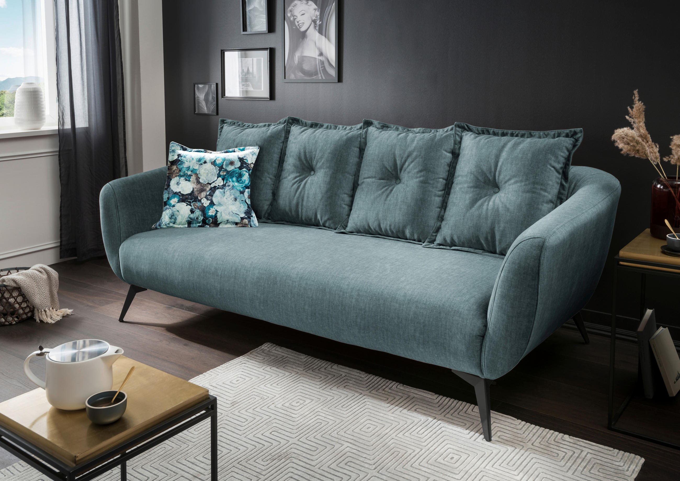 3-SITZER-SOFA Velours Blau, Multicolor  - Blau/Multicolor, MODERN, Holz/Textil (236/94/103cm) - Livetastic