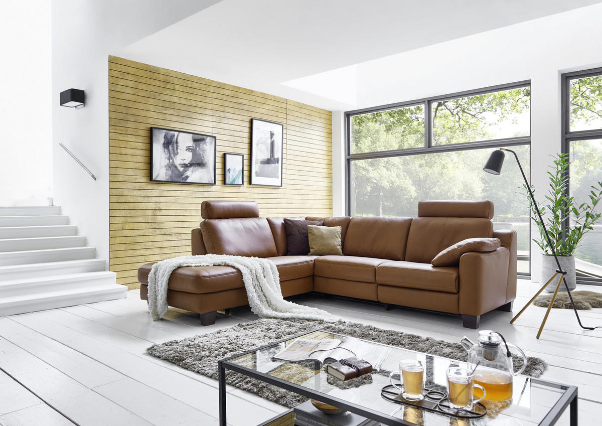 ECKSOFA in Echtleder Braun  235/259 cm  - Eichefarben/Braun, Design, Leder/Holz (235/259cm) - Valdera