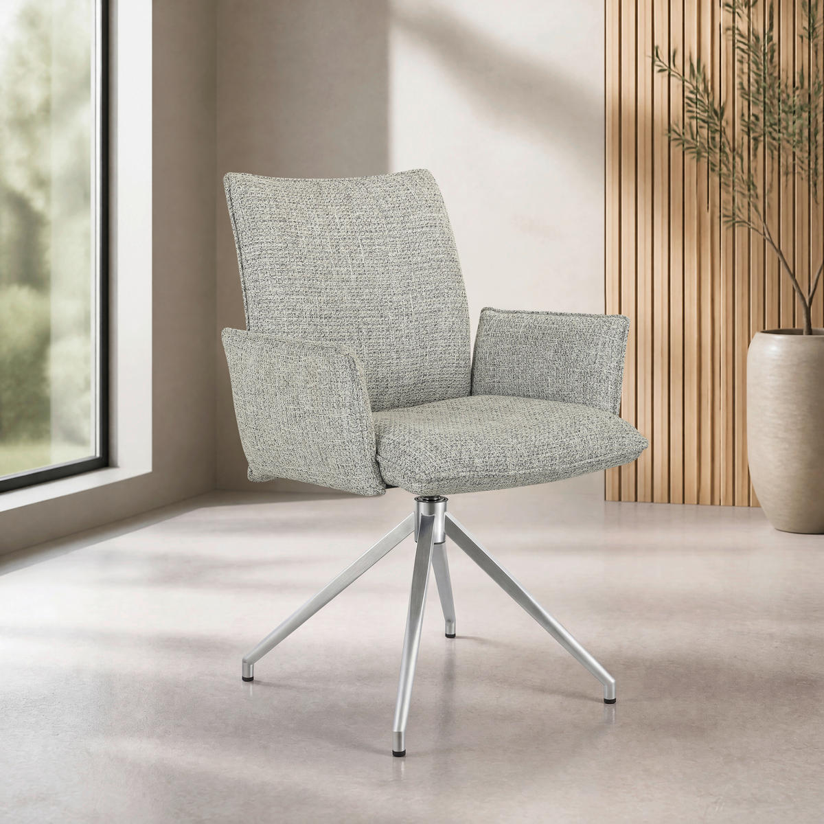ARMLEHNSTUHL  Sitzfläche 360° drehbar, automatische Rückholfunktion Webstoff  Edelstahlfarben, Beige  - Edelstahlfarben/Beige, Design, Textil/Metall (60,5/87/61,5cm) - Novel