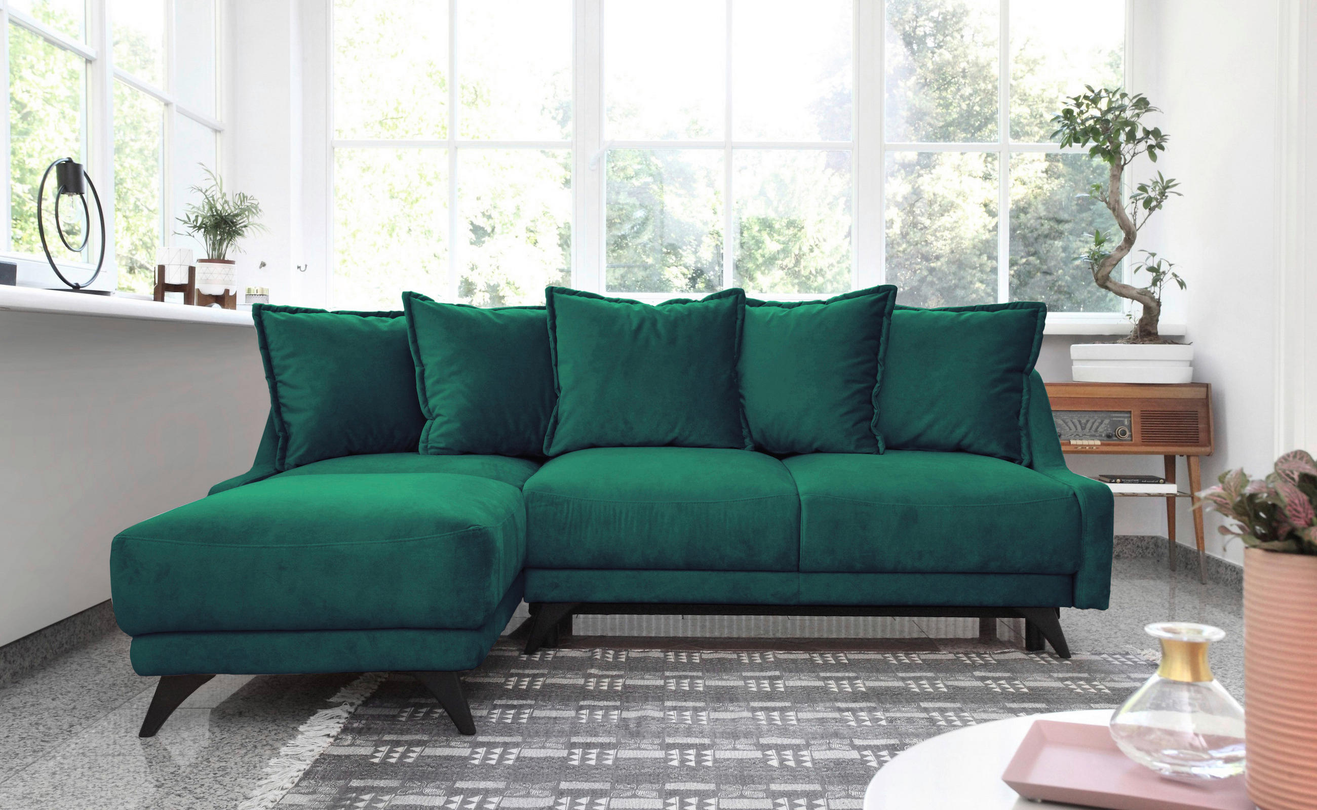 ECKSCHLAFSOFA Smaragdgrün Velours - Smaragdgrün/Schwarz, Basics, Holz/Textil (155/225cm) - MID.YOU