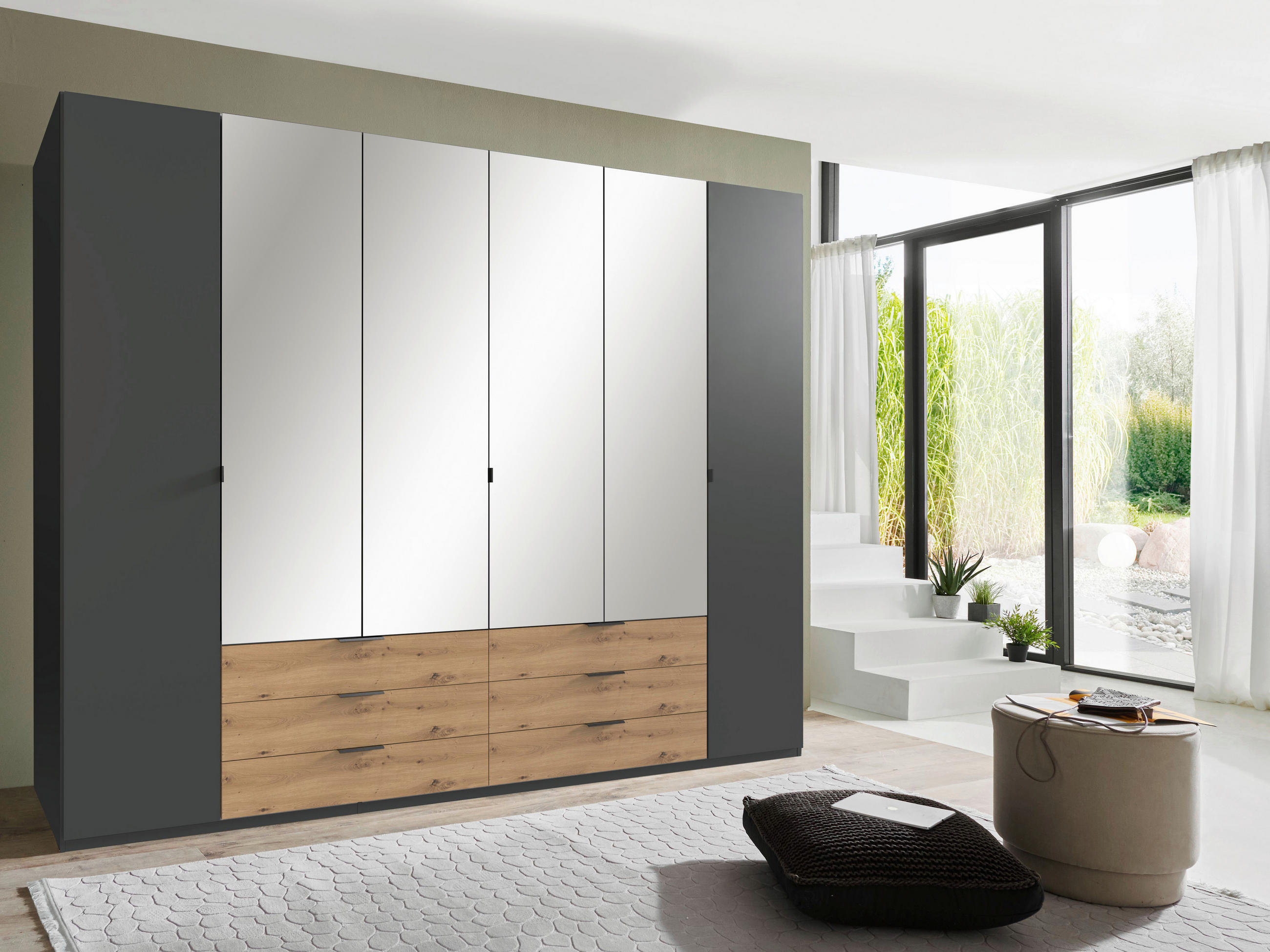 KLEIDERSCHRANK 270/208/58 cm 6-türig Graphitfarben, Eiche Artisan  - Schwarz/Graphitfarben, Design, Glas/Holzwerkstoff (270/208/58cm) - Boxxx