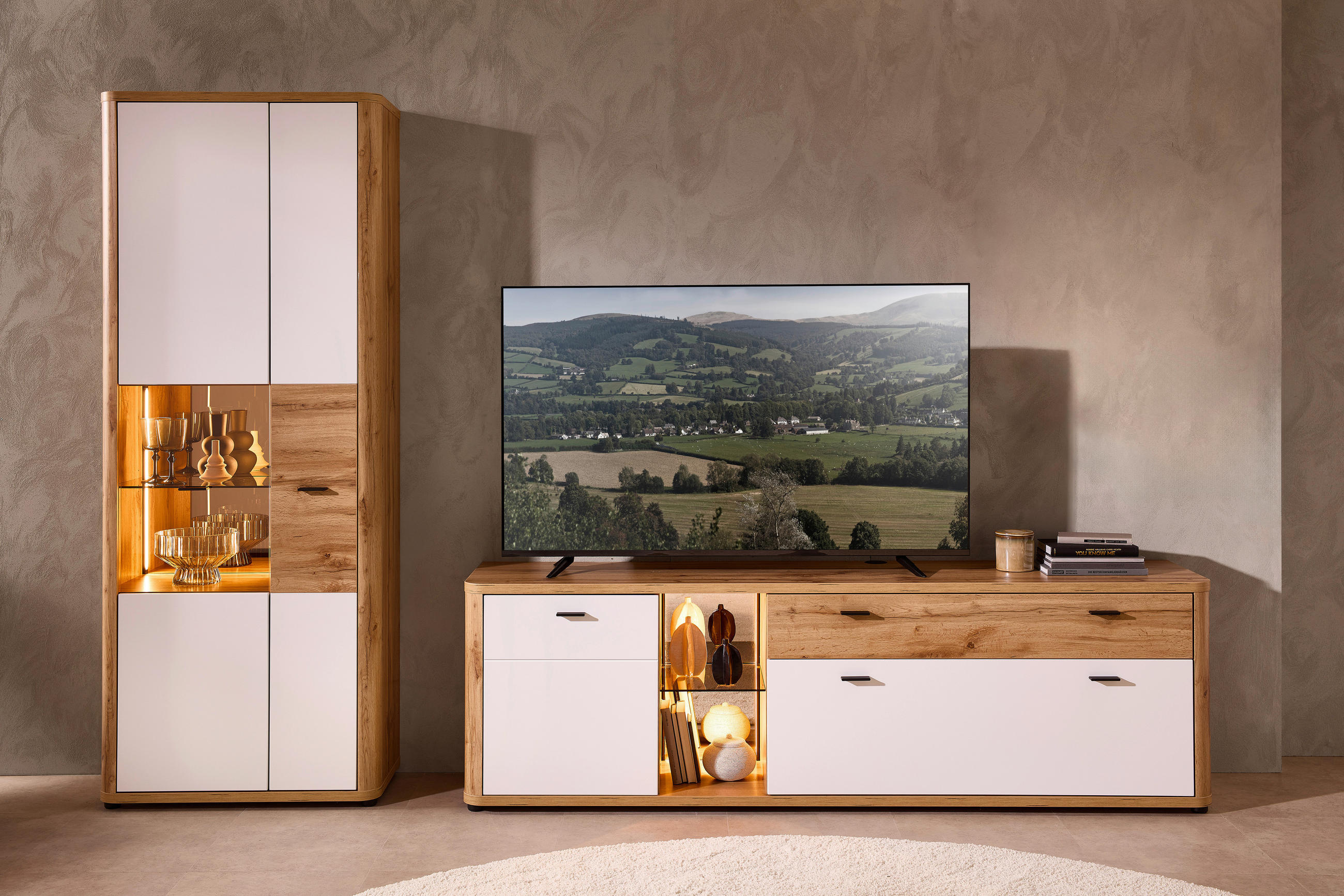 WOHNWAND 2-teilig  in Weiss, Eiche Wotan 305/204/45 cm  - Weiss/Anthrazit, Modern, Glas/Holzwerkstoff (305/204/45cm) - Stylife