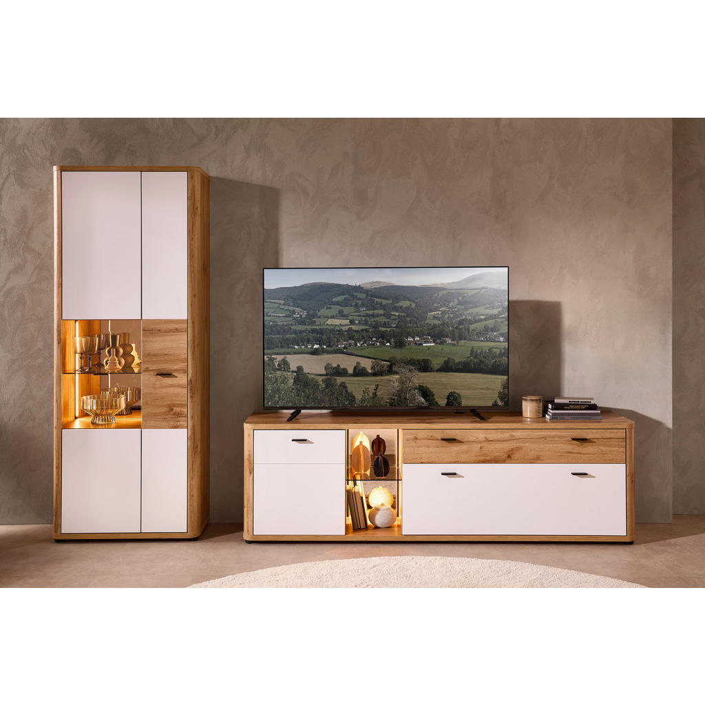 Thumbnail - Xora Wohnwand, Weiß, Eiche Wotan, Metall, 2-teilig, 11 Fächer, 1 Schubladen, 305x204x45 cm, Wohnzimmer, Wohnwände, Anbau...
