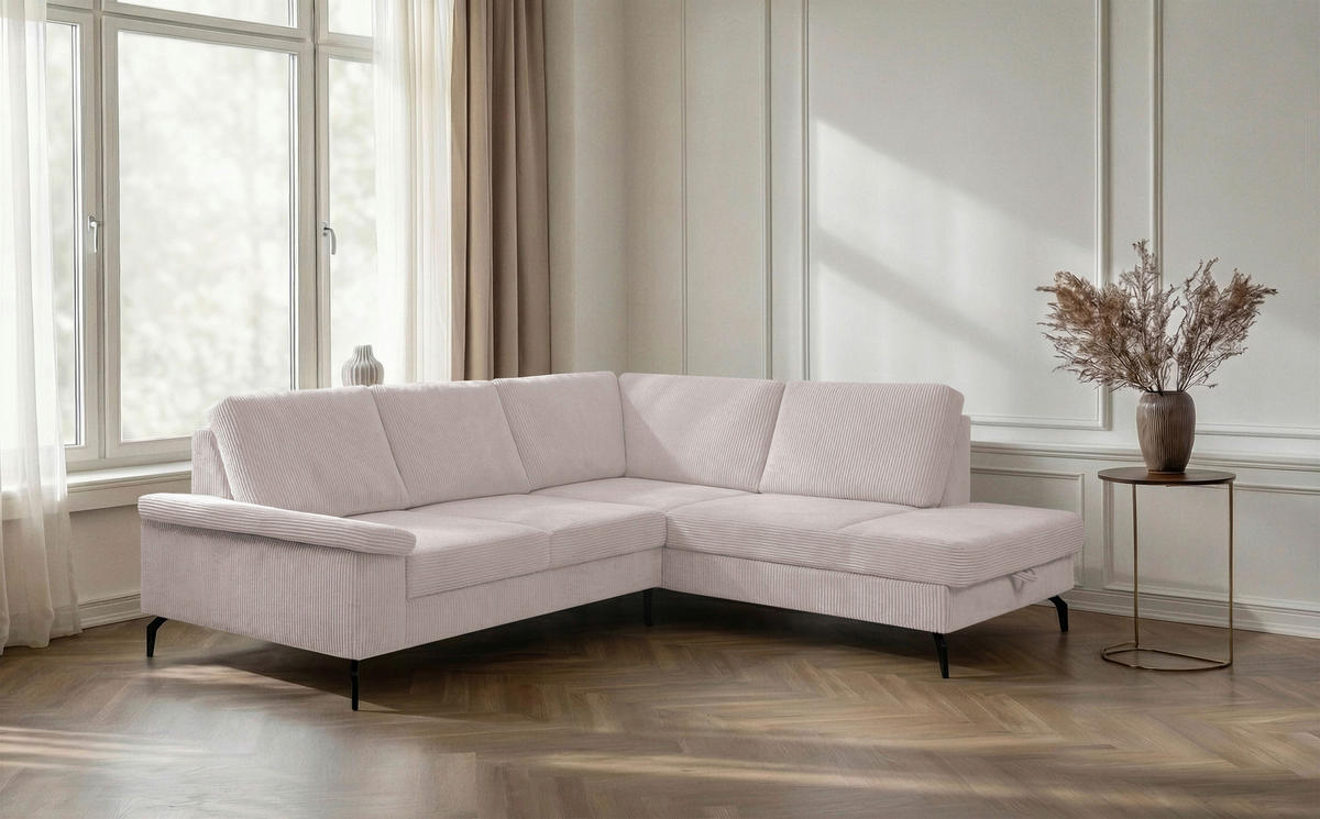 ECKSOFA inkl. Funktionen Creme Velours Bettkasten, Sitzvorzug  - Creme/Schwarz, KONVENTIONELL, Textil/Metall (253/206cm) - Venda