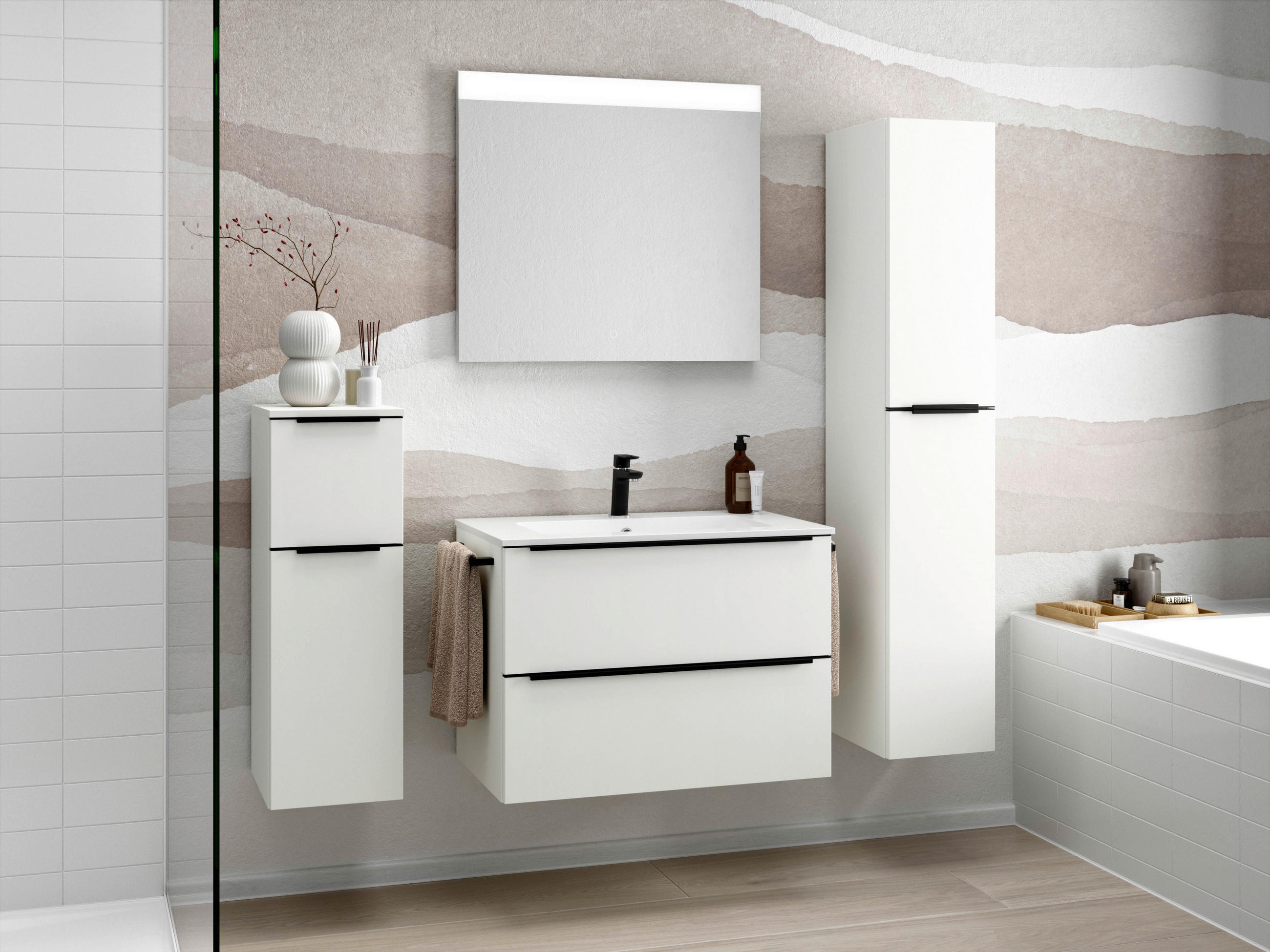 BADEZIMMER 5-teilig  in 141 cm  - Schwarz/Weiß, MODERN, Holzwerkstoff/Stein (141cm) - Nobilia