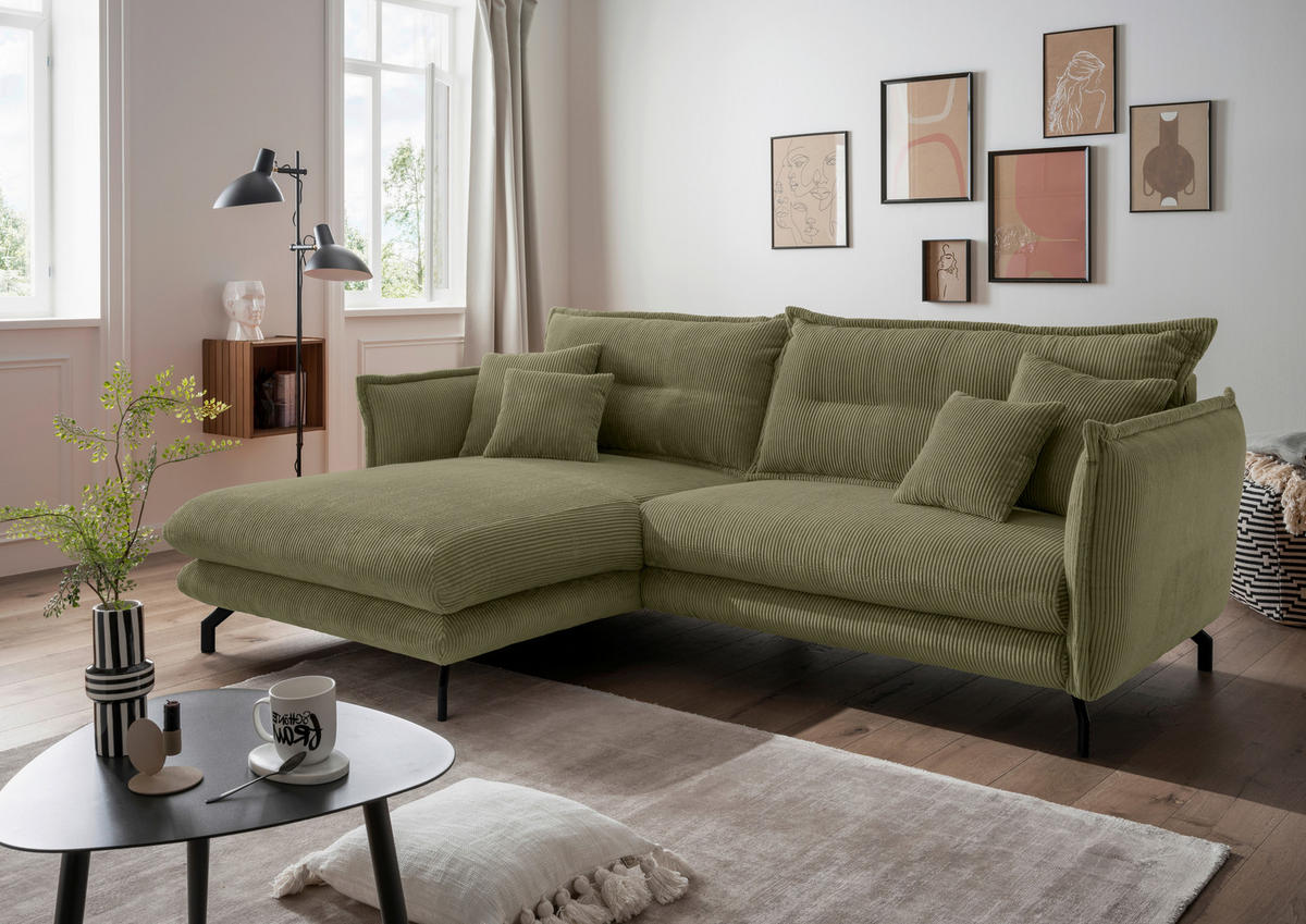 Wohnlandschaft in Cord Olivgrün  - Schwarz/Olivgrün, Modern, Textil/Metall (180/255cm) - Livetastic