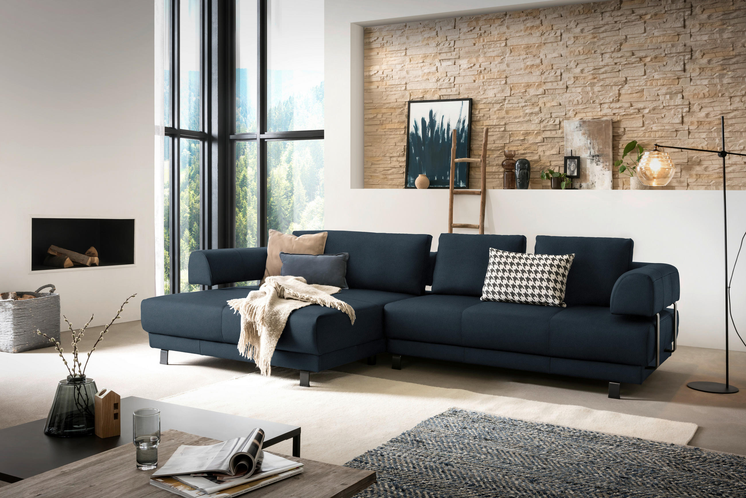 ECKSOFA in Echtleder Dunkelblau  - Schwarz/Dunkelblau, Design, Leder/Metall (188/307cm)