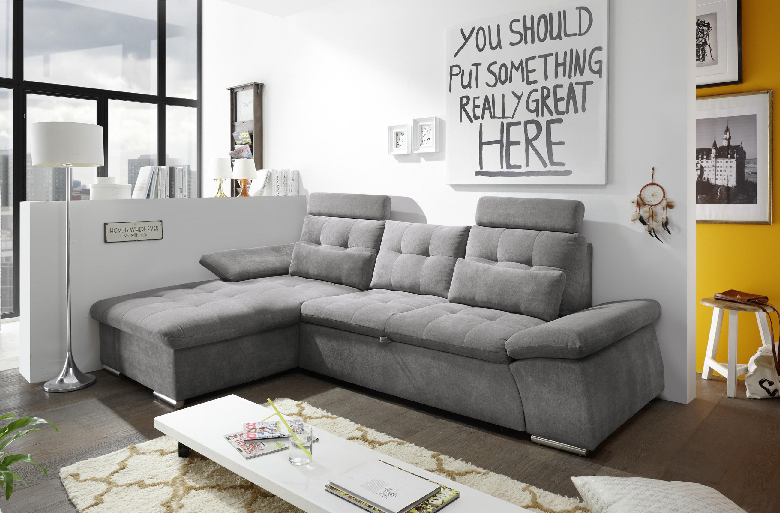ECKSOFA Grau Mikrovelours  - Silberfarben/Grau, KONVENTIONELL, Kunststoff/Textil (170/268cm) - MID.YOU