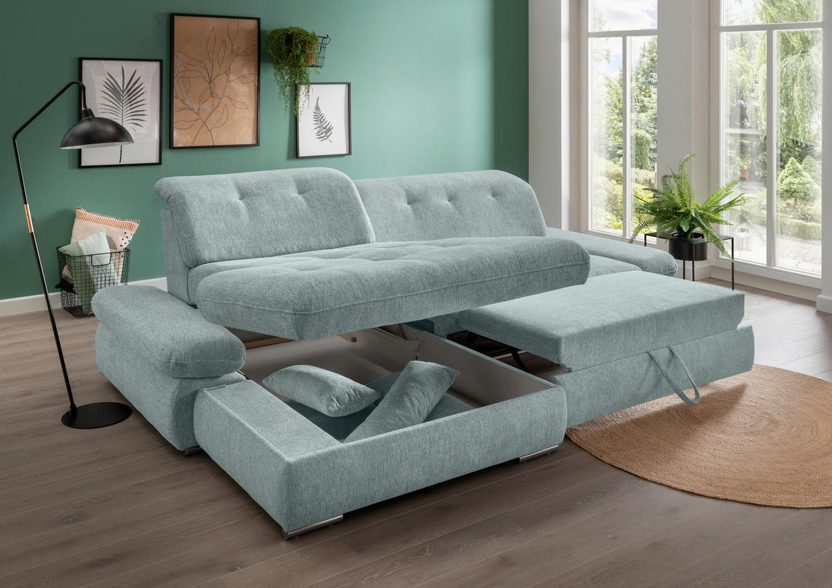 ECKSOFA Blau Chenille  - Chromfarben/Blau, Design, Textil/Metall (196/300cm) - Livetastic