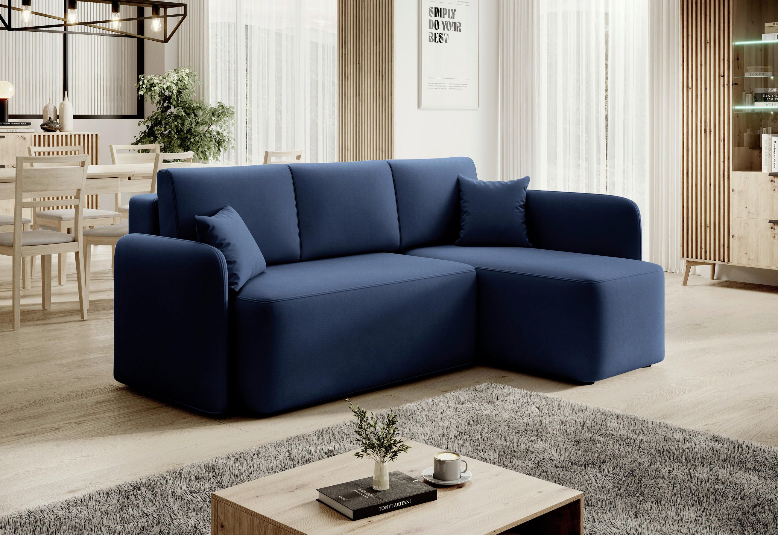 ECKSOFA Plüsch Blau  - Blau/Schwarz, Design, Kunststoff/Textil (206/150cm) - MID.YOU