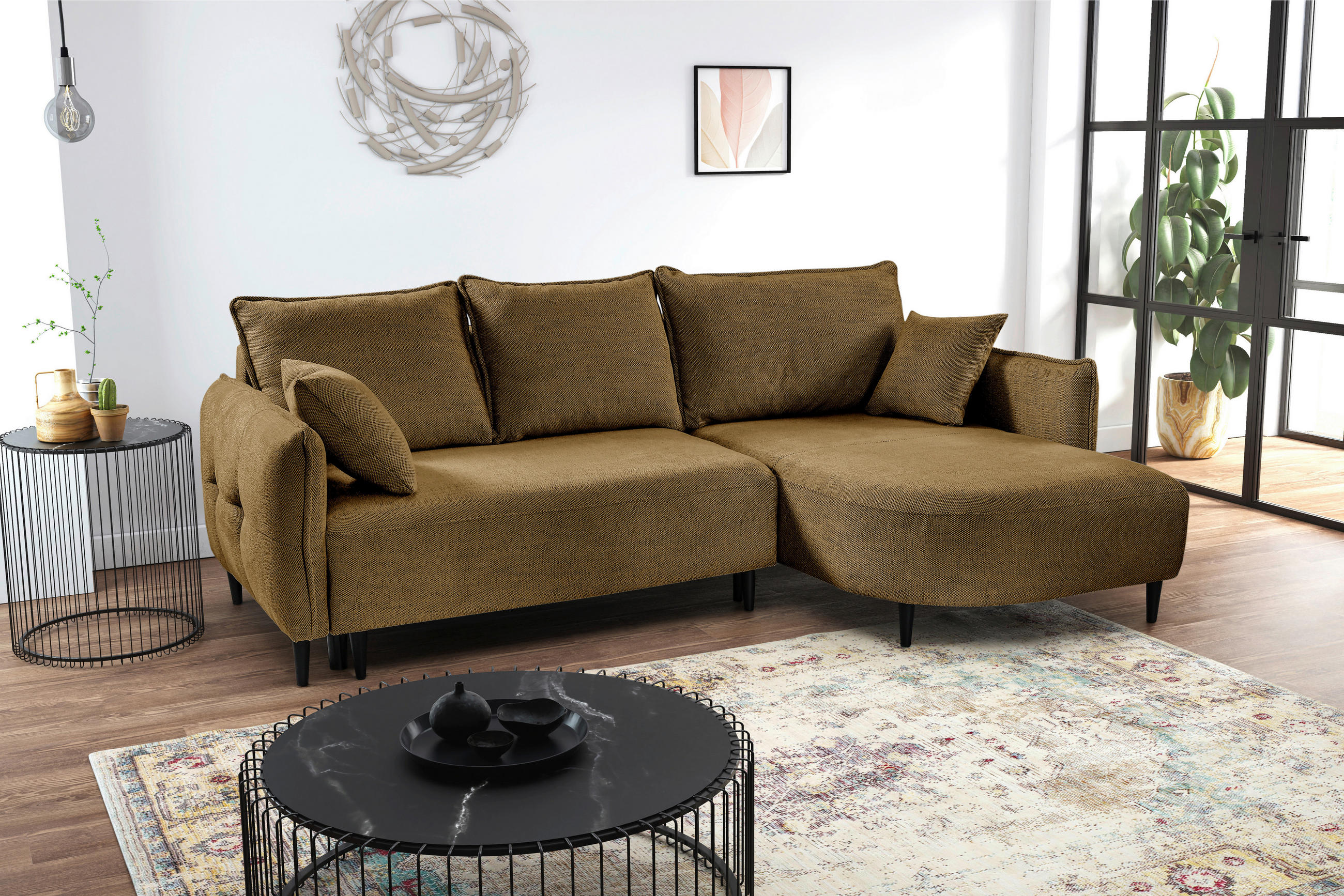 ECKSOFA in Struktur Goldfarben  - Goldfarben/Schwarz, Design, Holz/Textil (244/165cm) - MID.YOU