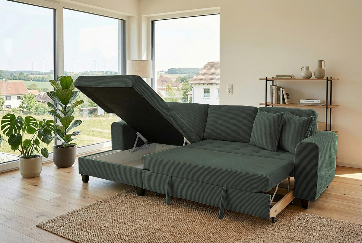 ECKSOFA MORITZ Dunkelgrün Cord Zierkissen, Bettkasten  - Dunkelgrün, Trend, Textil (155/265cm) - P & B