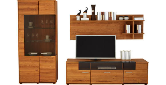 WOHNWAND Asteiche teilmassiv Eichefarben - Eichefarben/Silberfarben, KONVENTIONELL, Glas/Holz (304,3/203,8/48cm) - Voleo