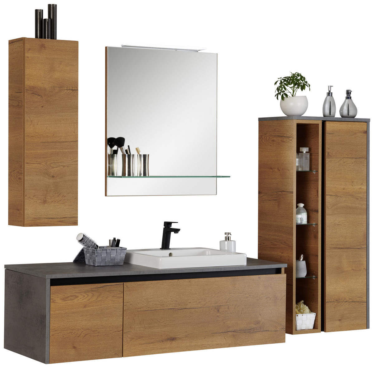 BADEZIMMER  in 142,5 cm  - Eichefarben/Weiß, Design, Glas/Keramik (142,5cm) - Moderano