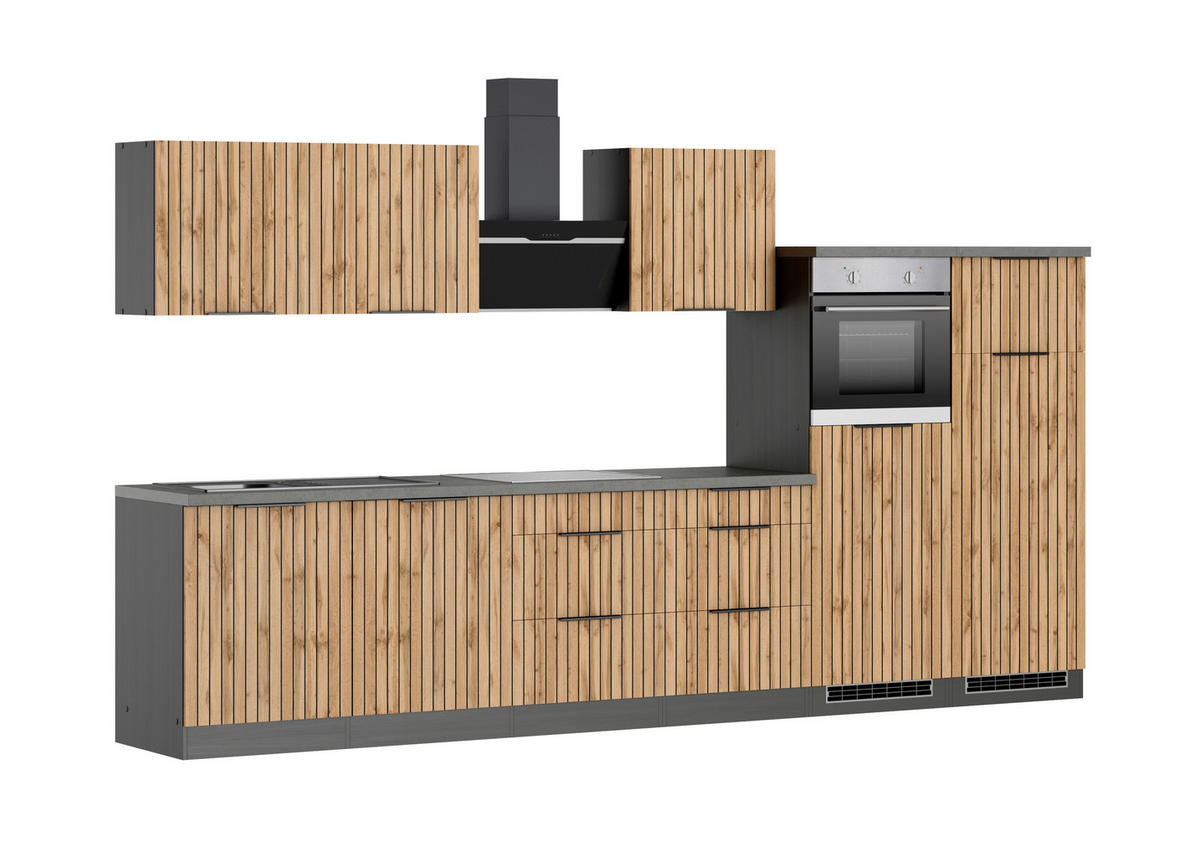 KÜCHENBLOCK 360 cm   in Graphitfarben, Eiche Wotan  - Schieferfarben/Eiche Wotan, Basics, Holzwerkstoff/Metall (360cm) - Held