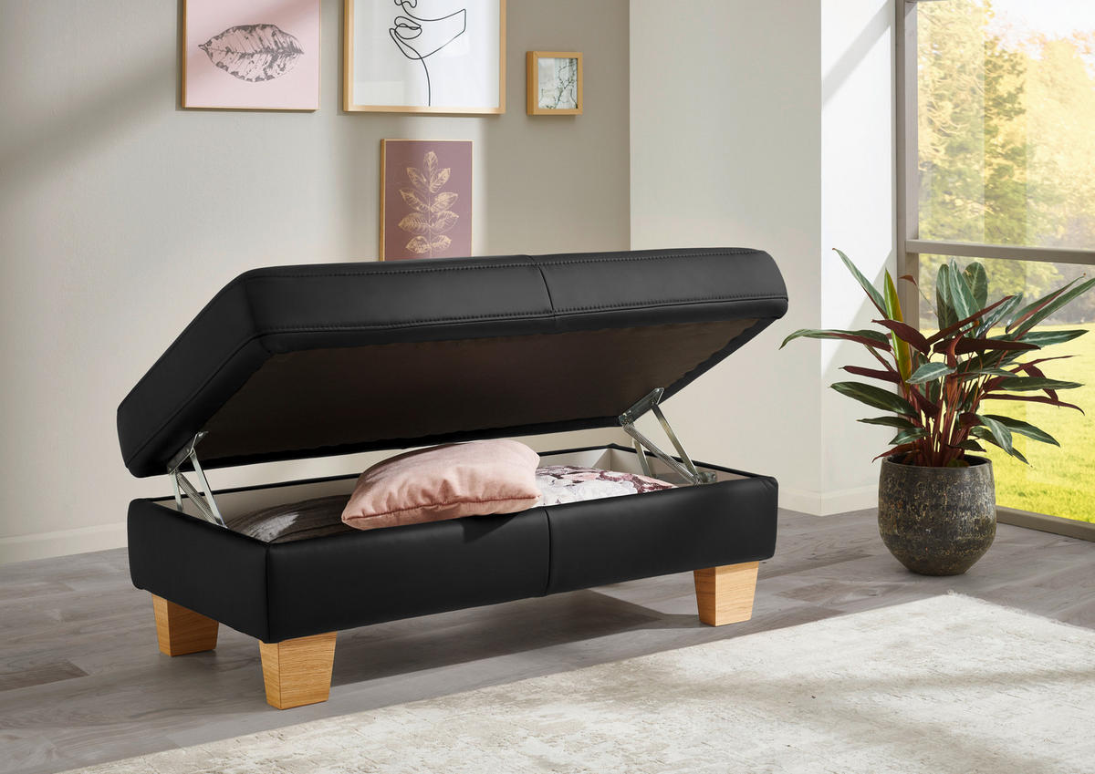 ECKSOFA in Echtleder Schwarz  - Eiche Bianco/Schwarz, Natur, Leder/Holz (257/235cm) - Valdera