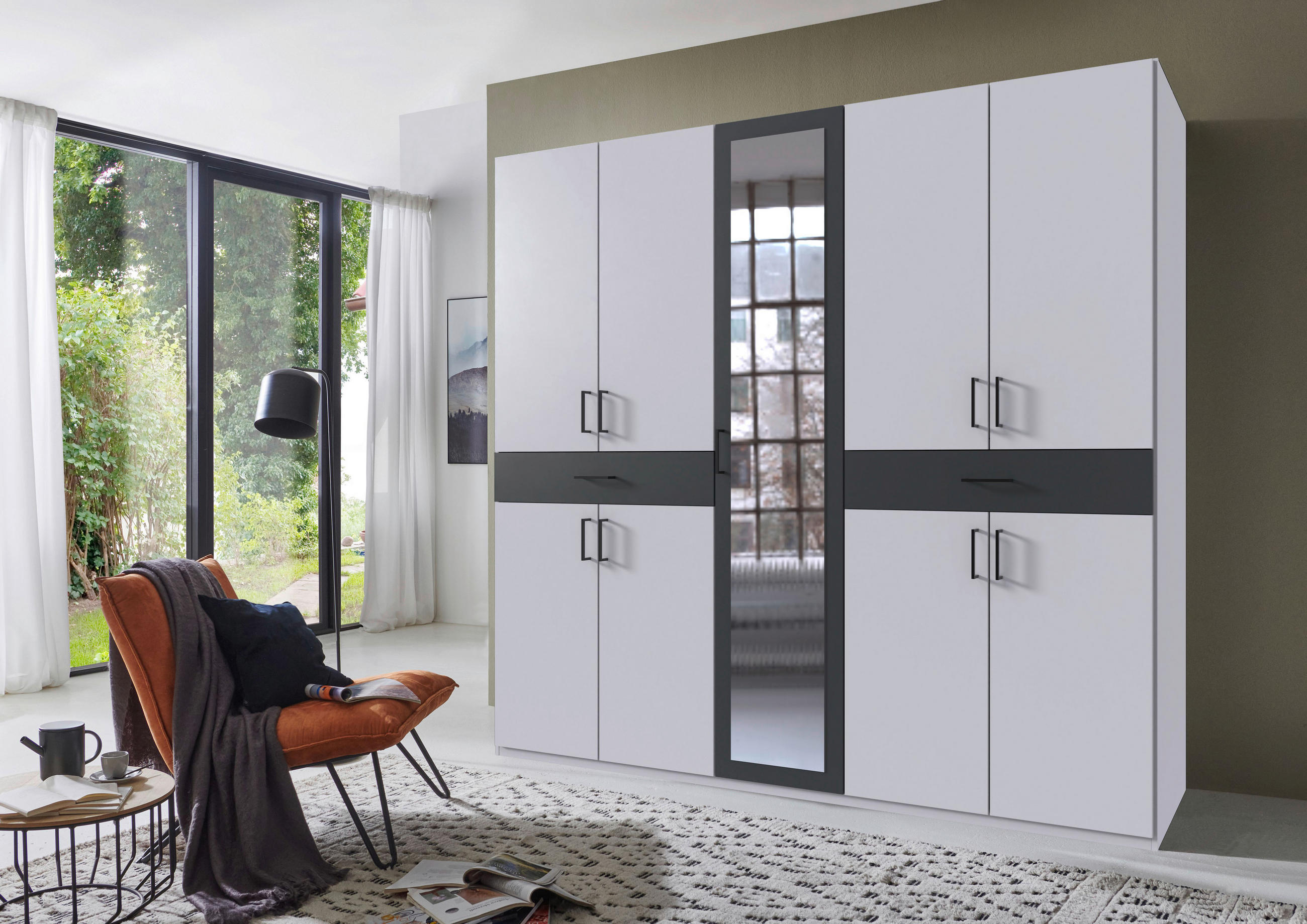 DREHTÜRENSCHRANK in Graphitfarben, Weiss  - Weiss/Schwarz, Konventionell, Glas/Holzwerkstoff (225/208/58cm) - Carryhome