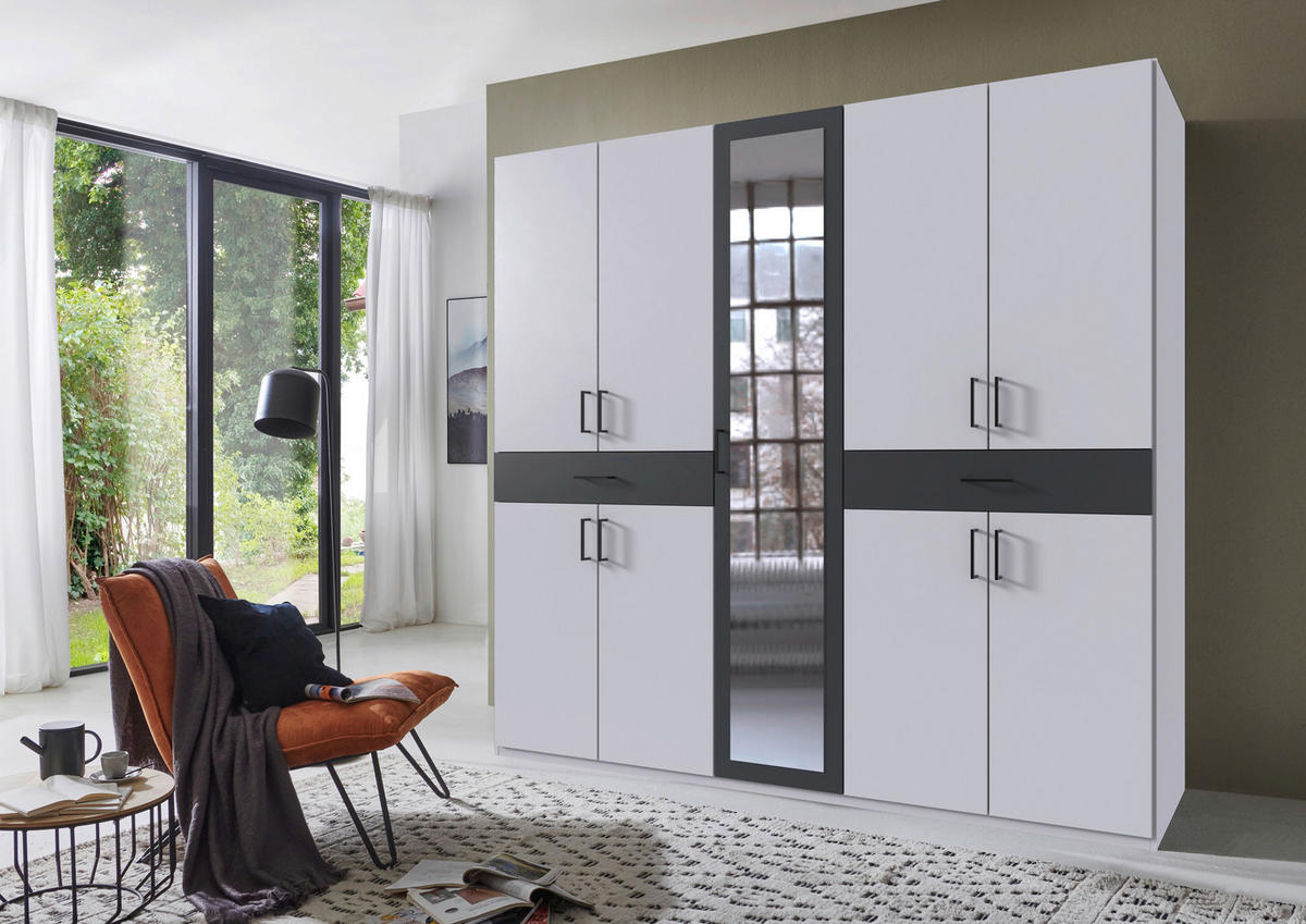 DREHTÜRENSCHRANK  in Graphitfarben, Weiß  - Schwarz/Graphitfarben, KONVENTIONELL, Glas/Holzwerkstoff (225/208/58cm) - Carryhome