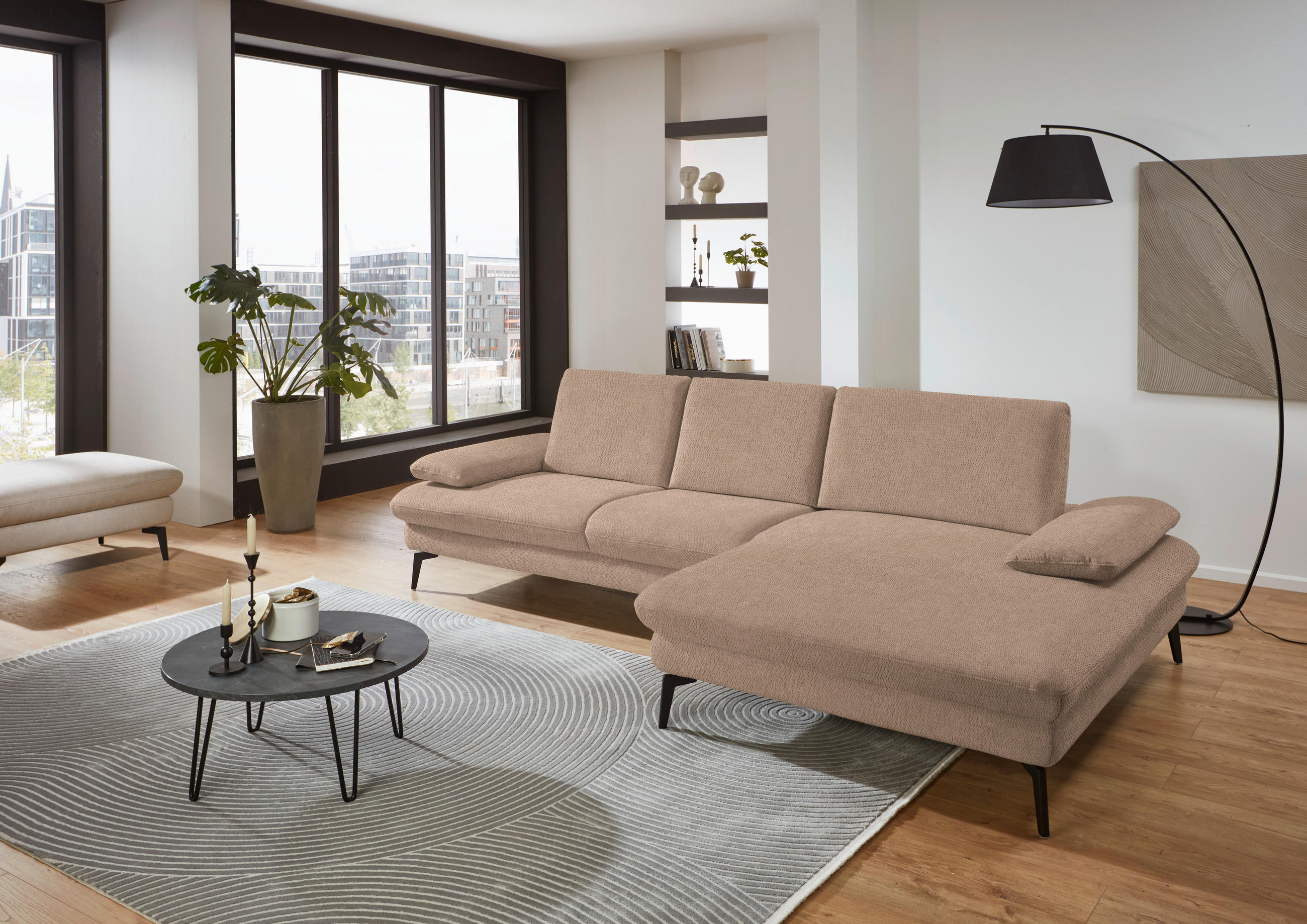 ECKSOFA in Chenille, Mikrofaser Sandfarben  - Sandfarben/Schwarz, Design, Textil/Metall (299/157cm) - Dieter Knoll