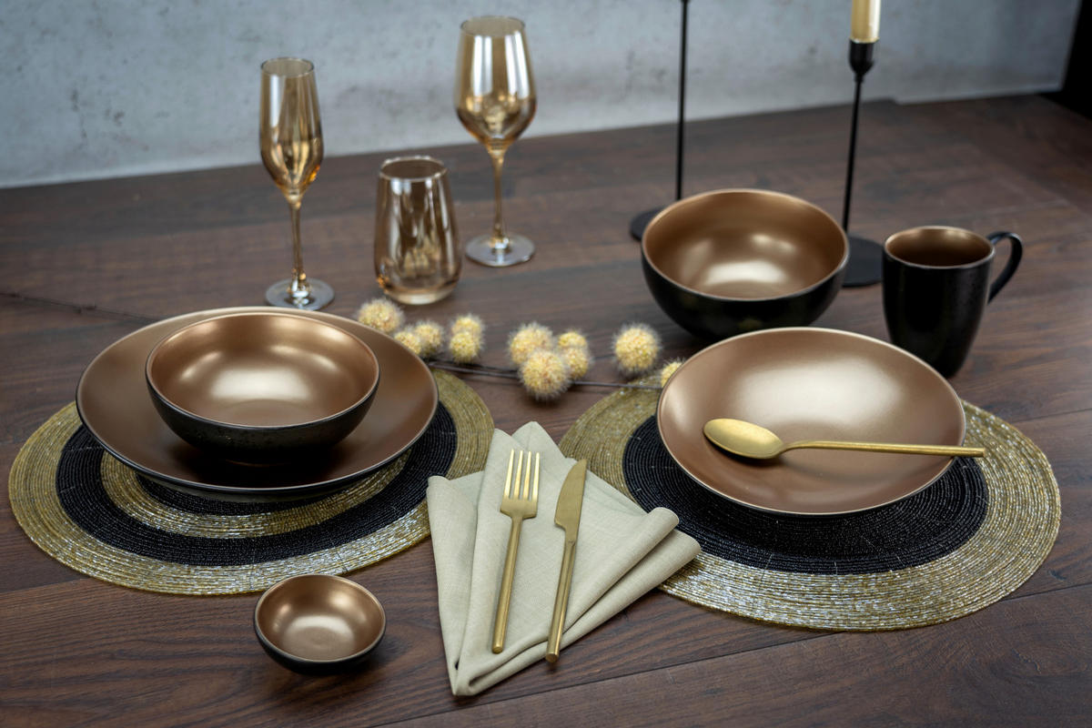 KOMBISERVICE Schwarz, Goldfarben Glamour Gold 8-teilig 2 Personen  - Goldfarben/Schwarz, Keramik - Creatable