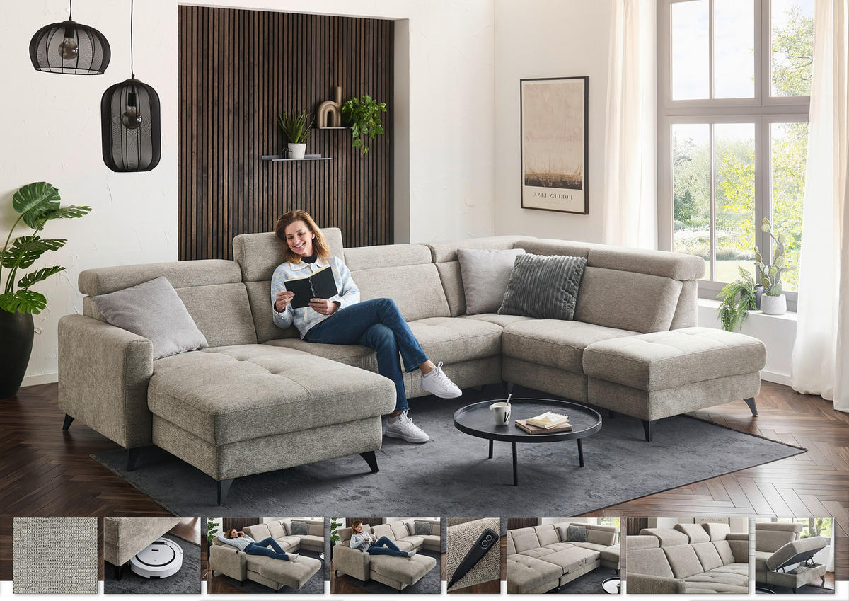 WOHNLANDSCHAFT Beldomo System Graubraun Flachgewebe  - Graubraun/Schwarz, KONVENTIONELL, Textil/Metall (174/333/215cm) - Beldomo System