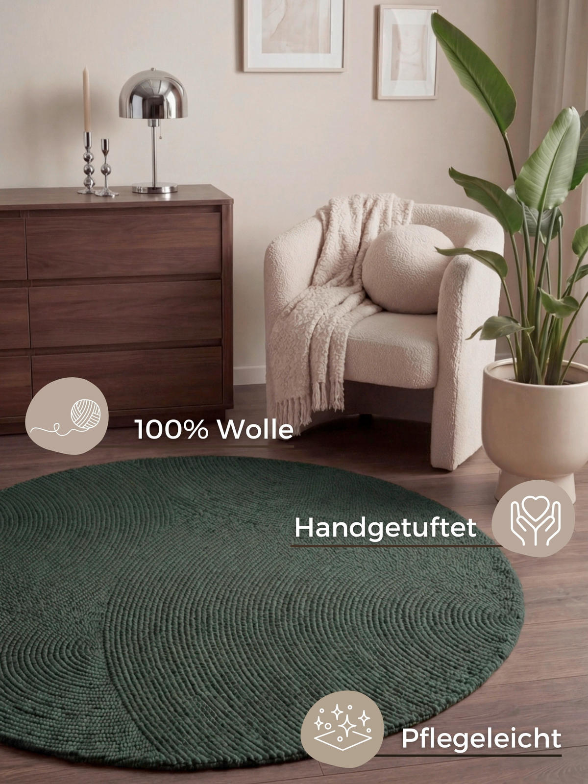 WOLLTEPPICH 200 cm Calmio Dunkelgrün rund  - Dunkelgrün, Basics, Textil (200cm) - Hanse Home