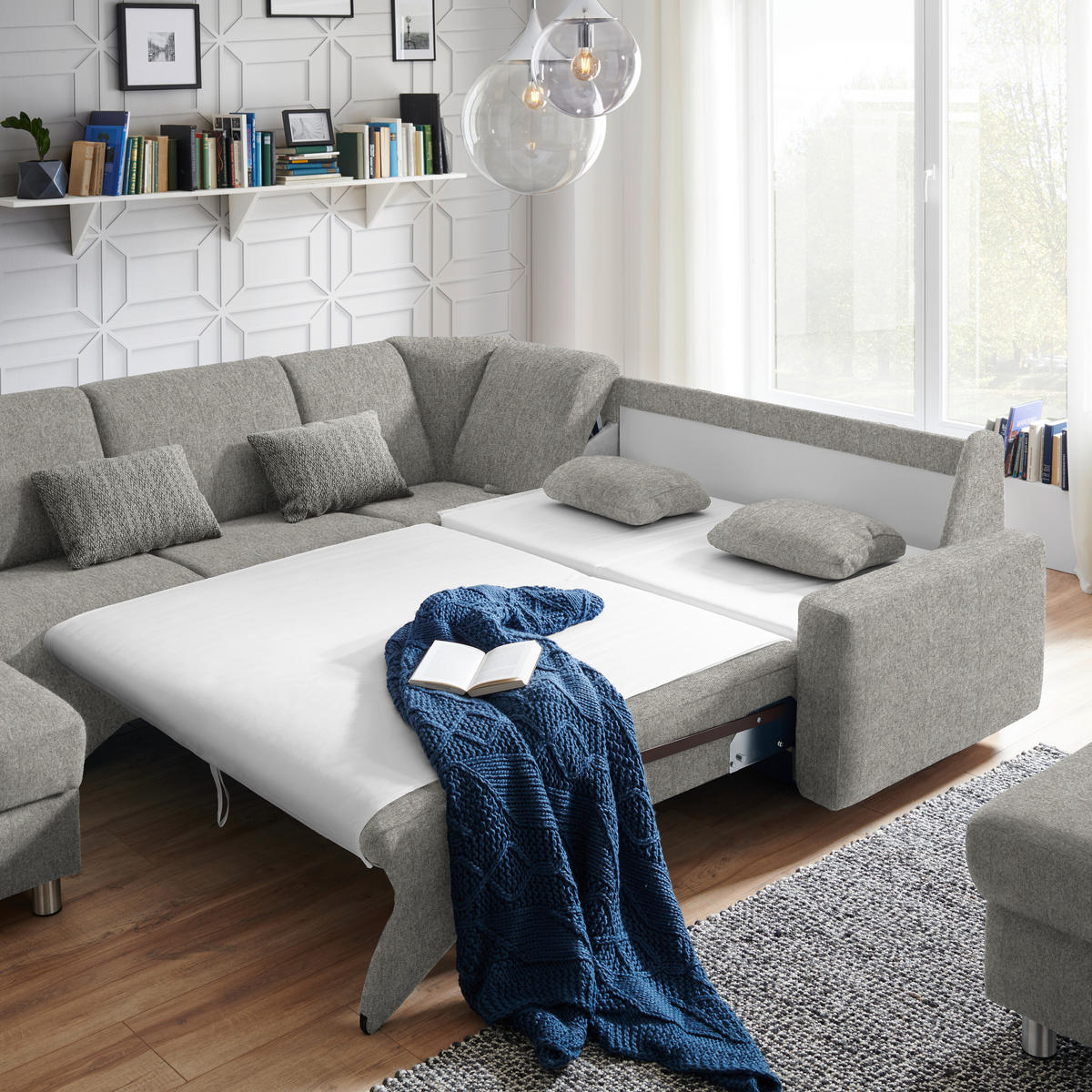 WOHNLANDSCHAFT in Chenille Hellgrau  - Hellgrau/Alufarben, KONVENTIONELL, Kunststoff/Textil (158/322/236cm) - Sedda