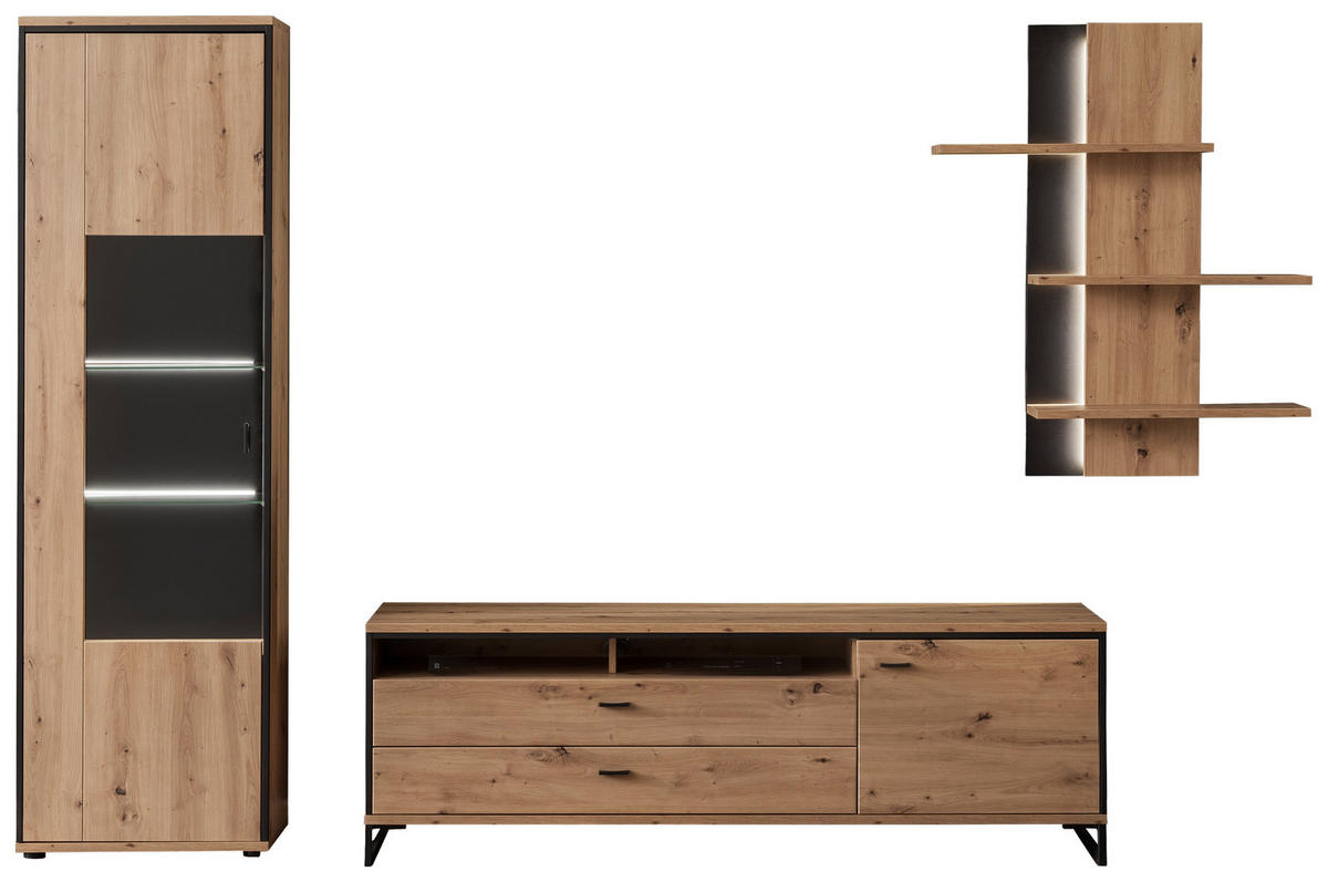 WOHNWAND Skopje  in Anthrazit, Eichefarben  307/210/50 cm  - Eichefarben/Anthrazit, Design, Glas/Holzwerkstoff (307/210/50cm) - MID.YOU