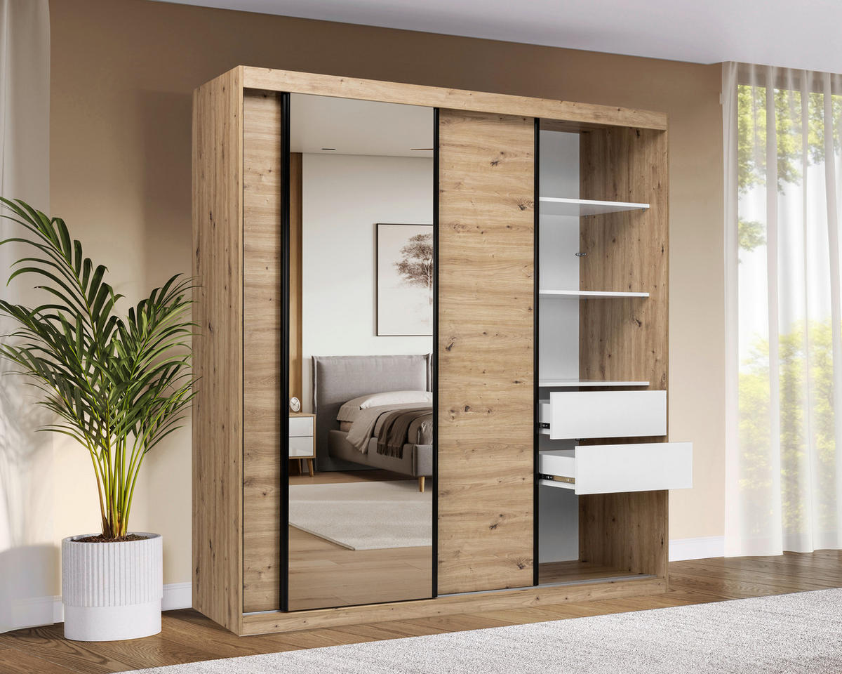 SCHIEBETÜRENSCHRANK 200/215/59,5 cm 3-türig Eiche Artisan  - Schwarz/Eiche Artisan, MODERN, Holzwerkstoff/Metall (200/215/59,5cm) - MID.YOU