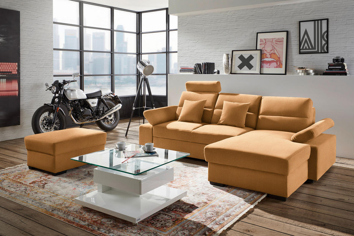 ECKSOFA in Webstoff Currygelb  - Currygelb/Dunkelbraun, Konventionell, Kunststoff/Textil (258/166cm) - Cantus