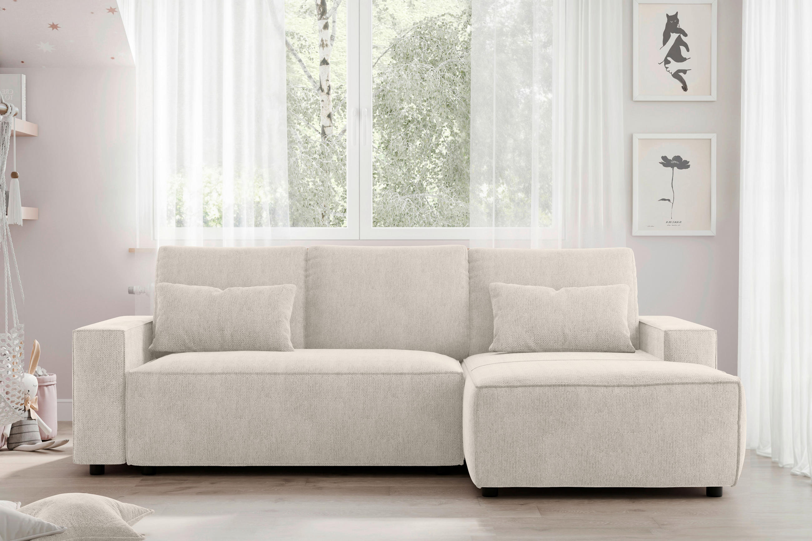 ECKSCHLAFSOFA in Chenille Beige  - Beige/Schwarz, Modern, Kunststoff/Textil (247/154cm) - Livetastic