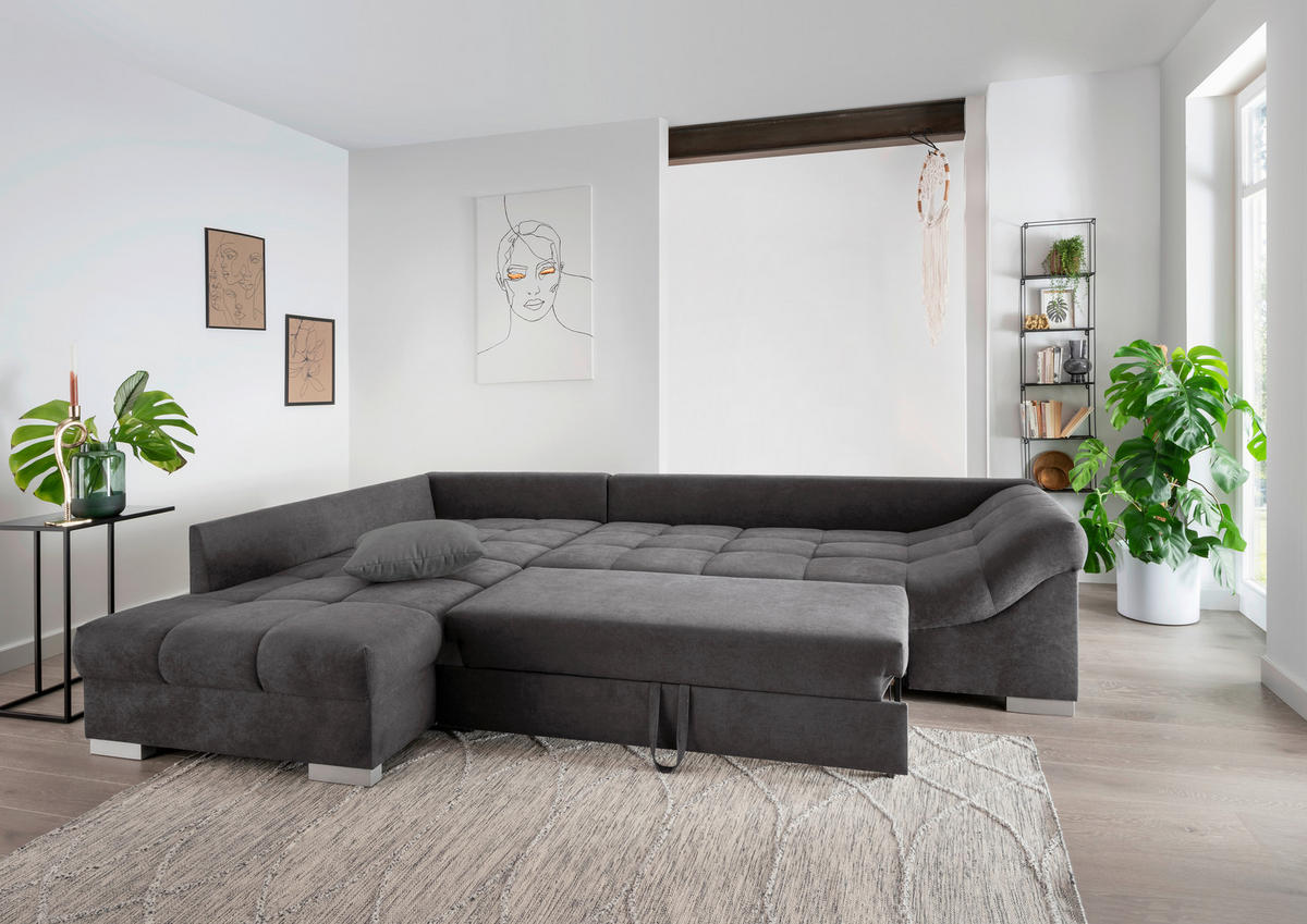 ECKSCHLAFSOFA  in Mikrofaser Anthrazit  - Anthrazit/Silberfarben, Design, Holz/Textil (202/298cm) - MID.YOU