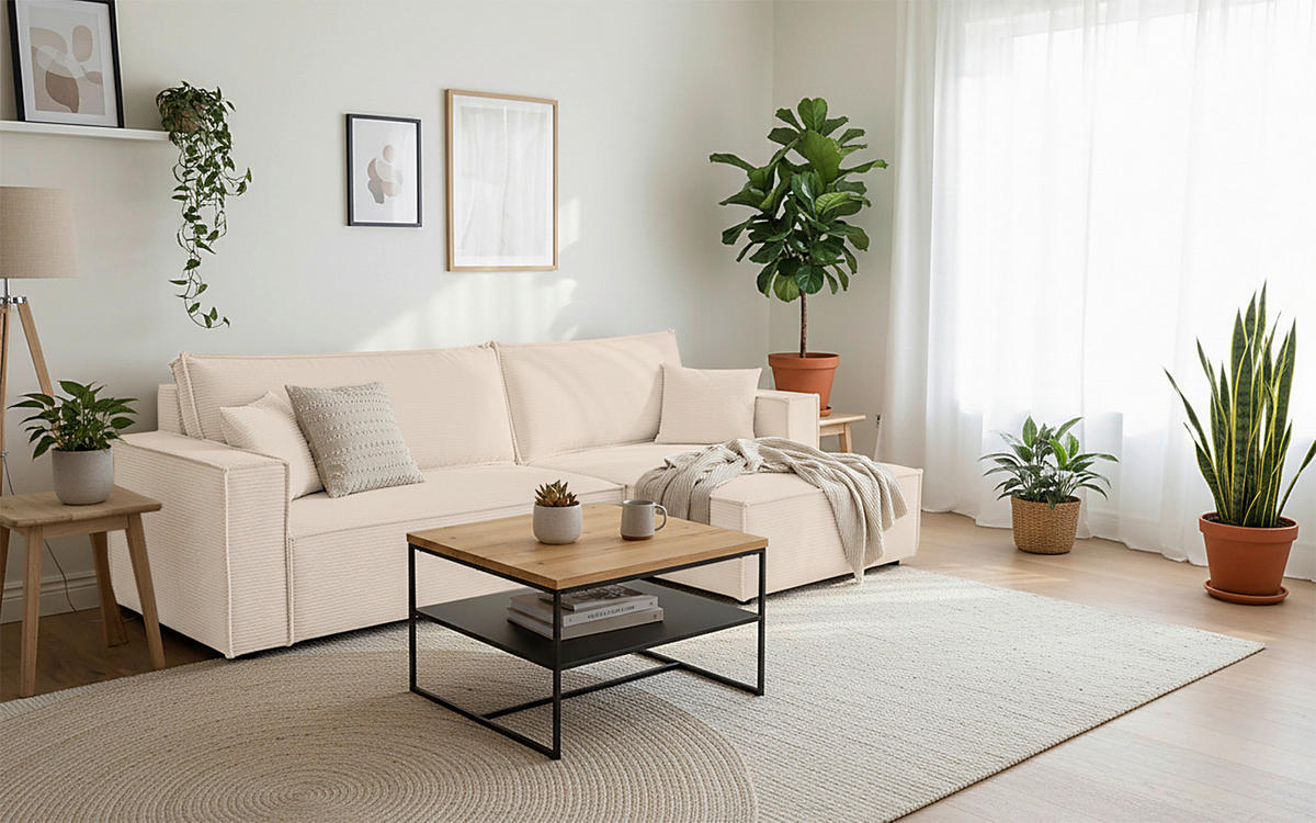 ECKSOFA inkl. Funktionen Beige Cord  - Beige/Schwarz, Design, Textil (267/141cm) - Xora