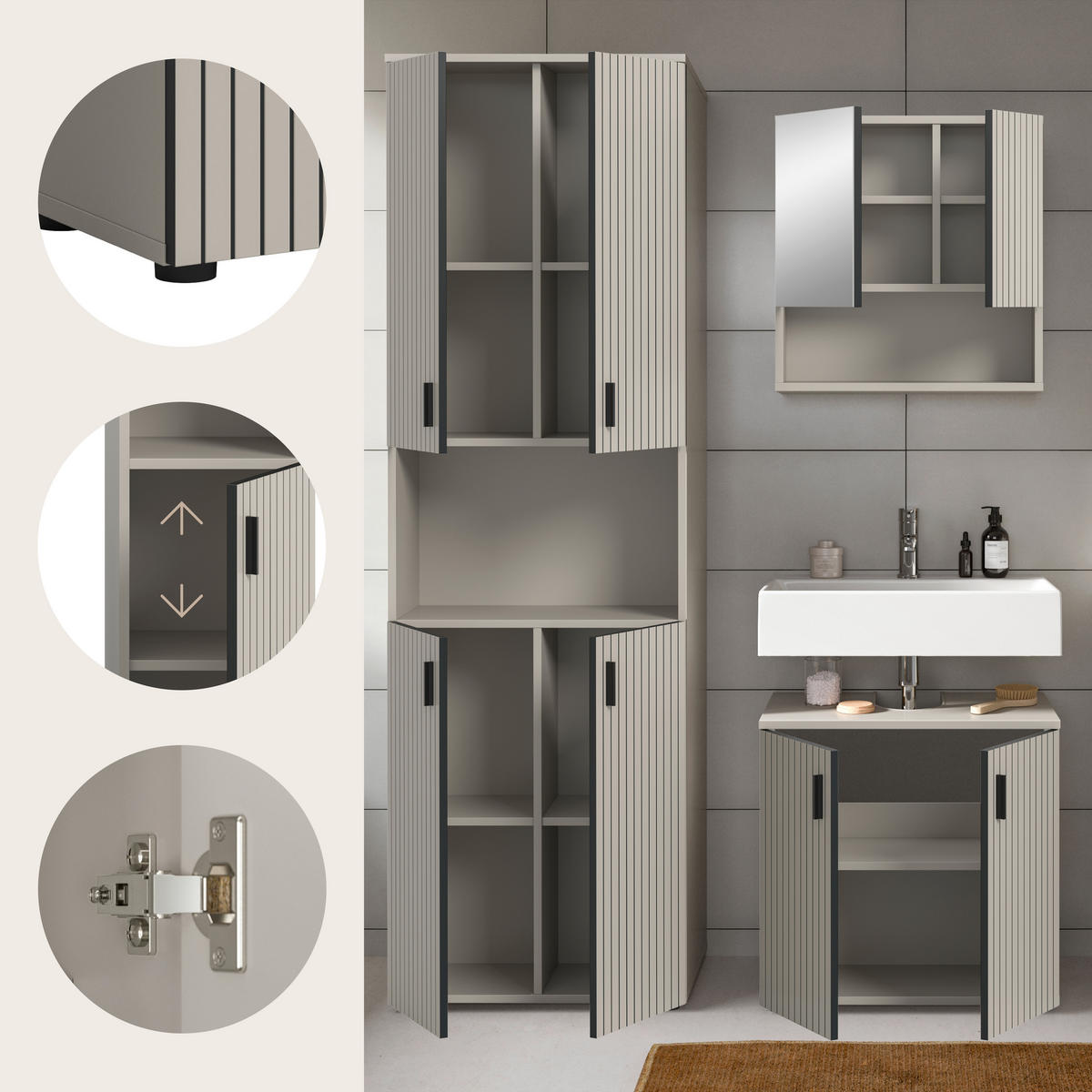 BADEZIMMER 3-teilig  in 120 cm  - Kaschmir/Schwarz, Trend, Glas/Holzwerkstoff (120cm) - MID.YOU