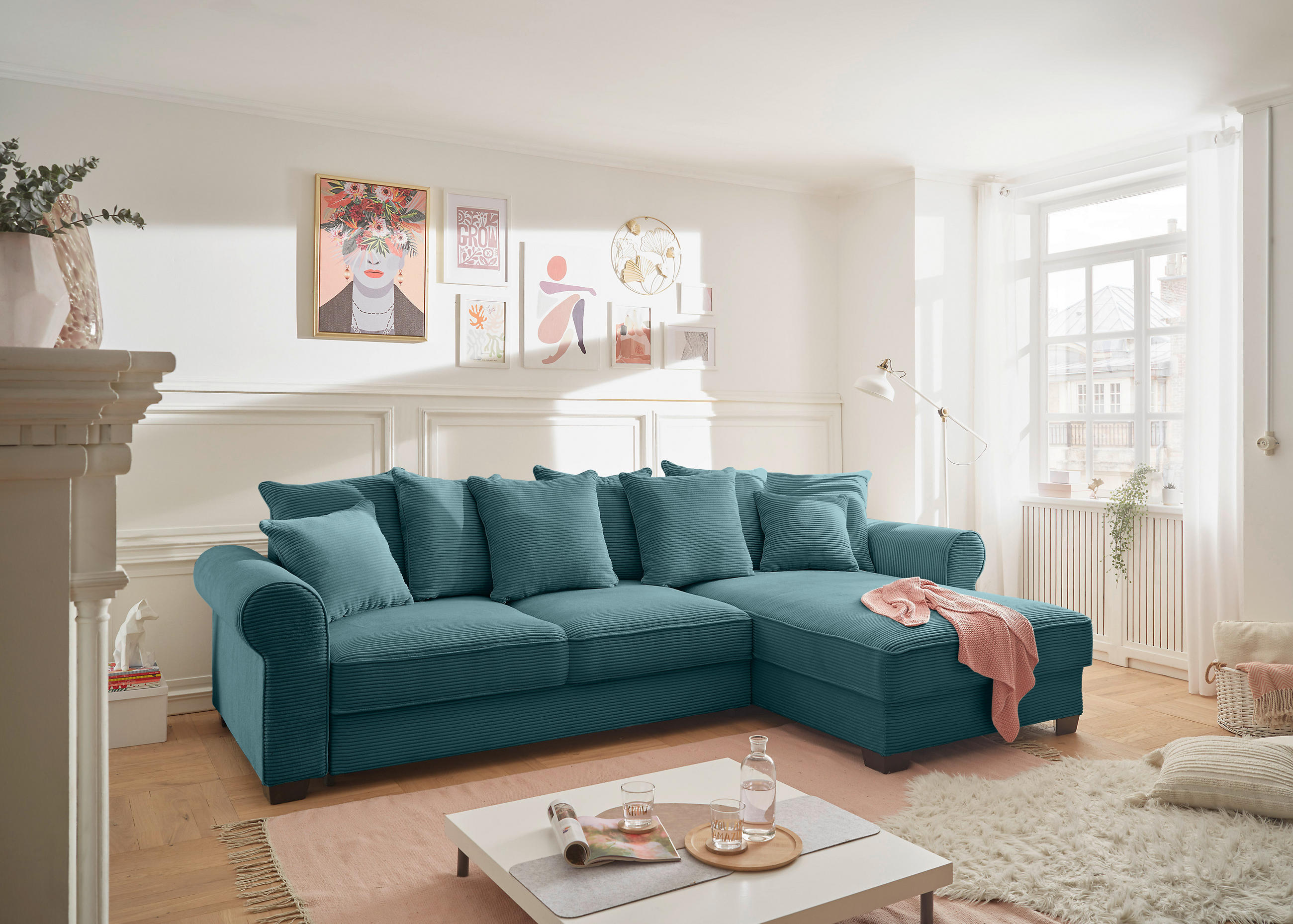 ECKSOFA Azurblau Cord  - Azurblau/Schwarz, KONVENTIONELL, Kunststoff/Textil (318/197cm) - Hom`in