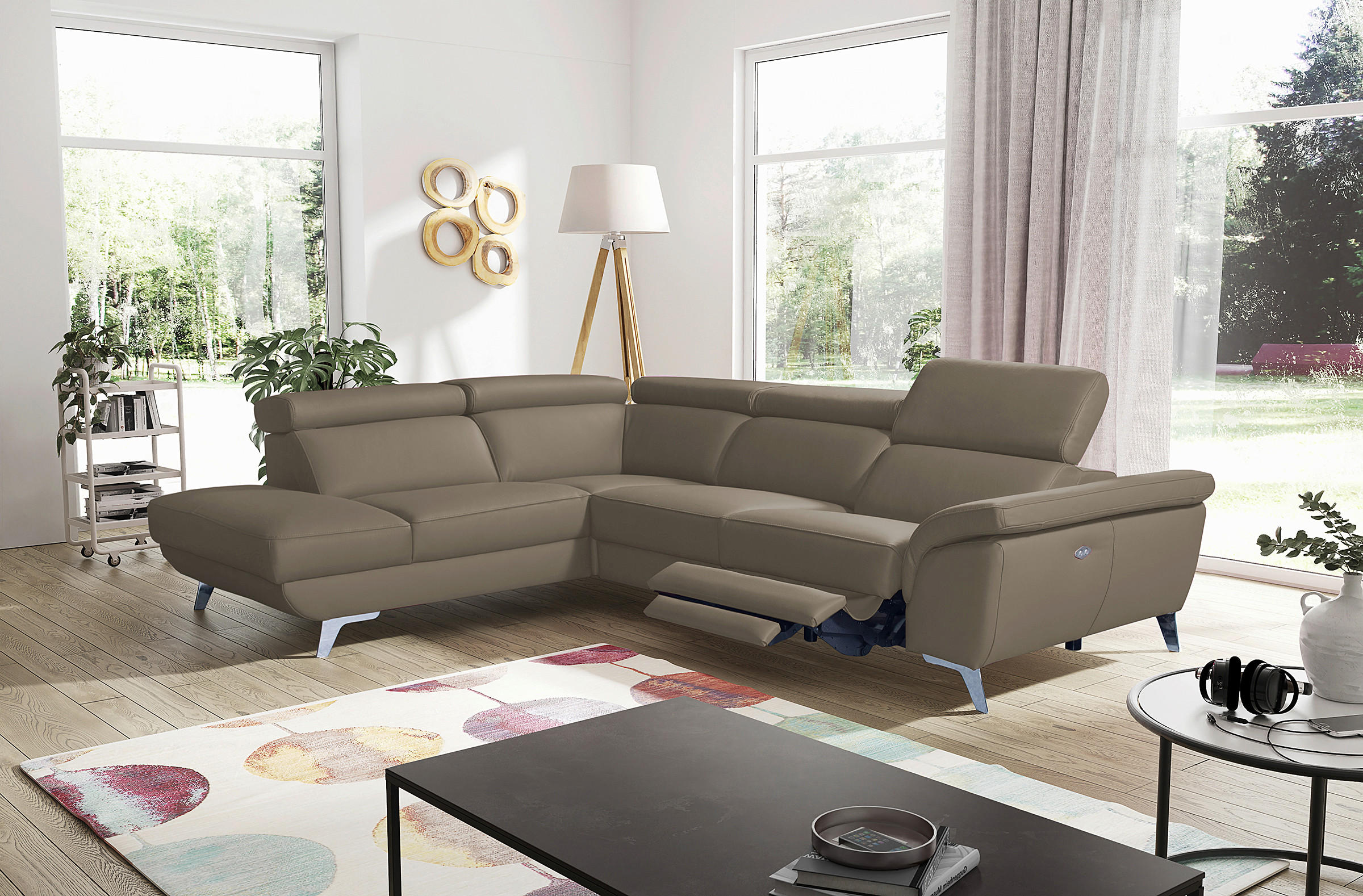 ECKSOFA  in Echtleder Taupe  228/283 cm  - Taupe/Silberfarben, Design, Leder/Metall (228/283cm) - Livetastic