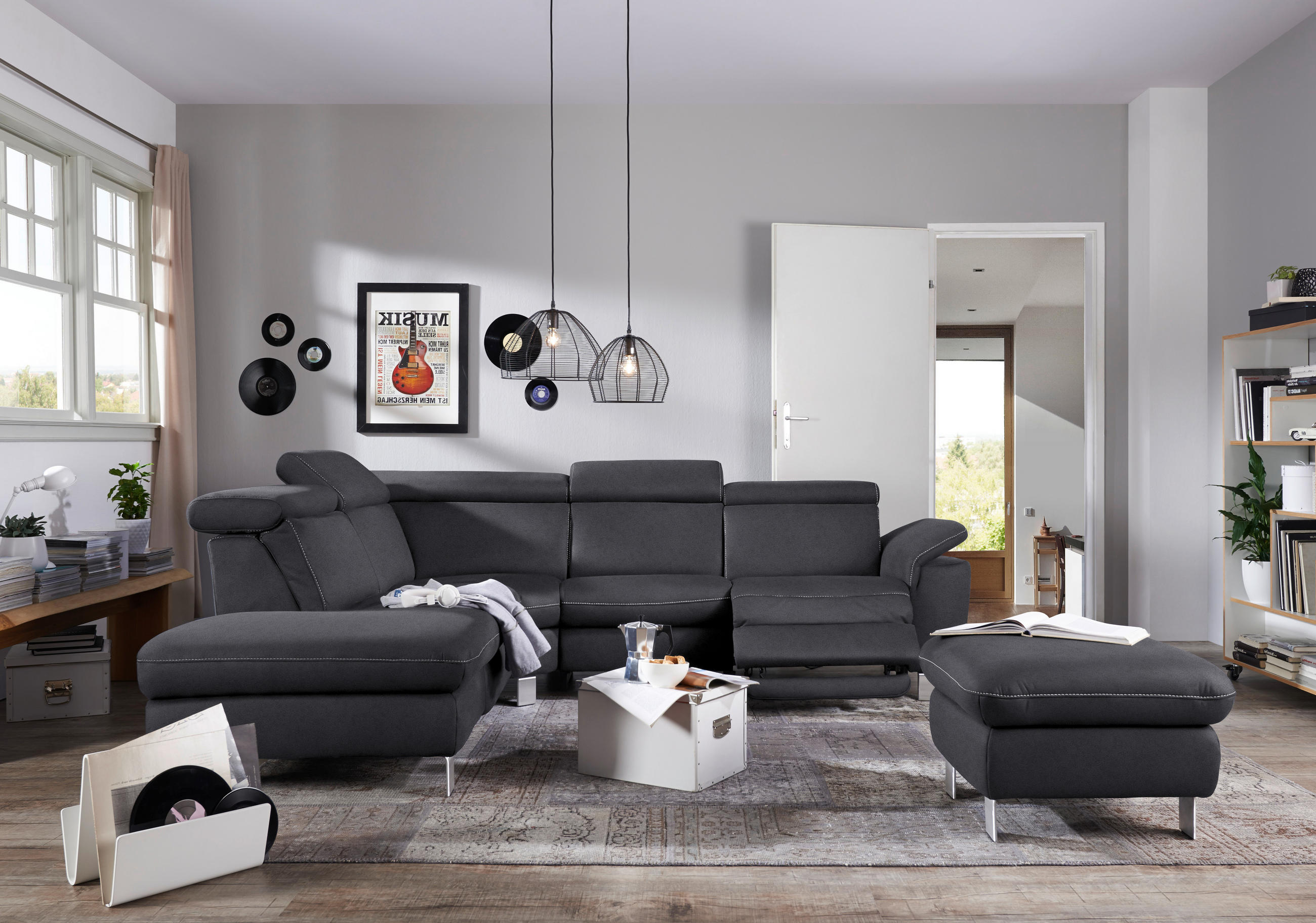 ECKSOFA in Flachgewebe, Mikrofaser Anthrazit  - Anthrazit/Beige, Design, Textil/Metall (239/271cm) - Cantus