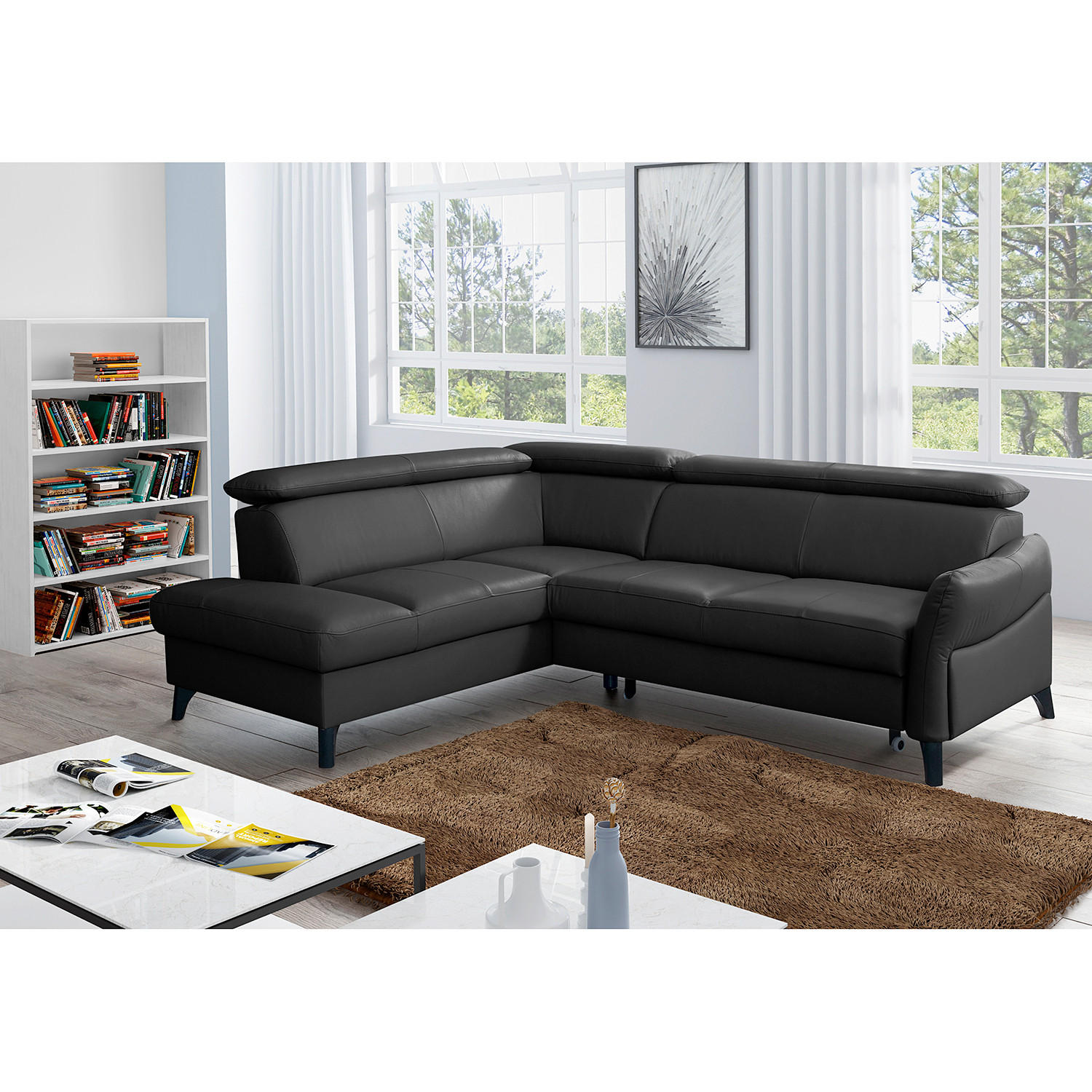 ECKSOFA Schwarz Echtleder Lederlook  - Schwarz, Design, Leder/Holz (199/244cm) - Livetastic