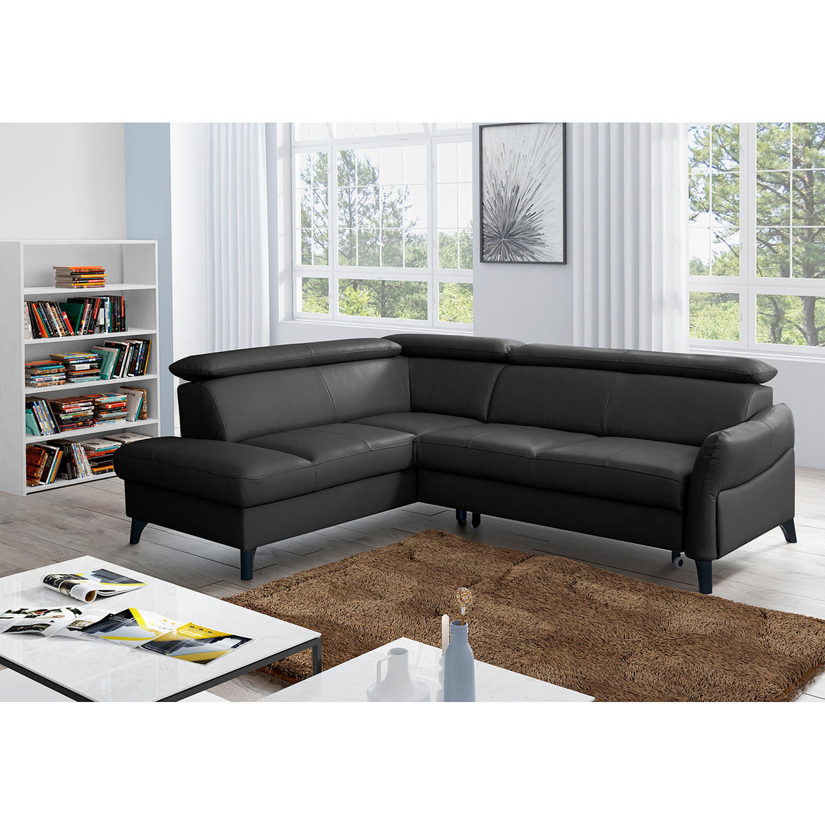 ECKSOFA Schwarz Echtleder Lederlook  - Schwarz, Design, Leder/Holz (199/244cm) - Livetastic