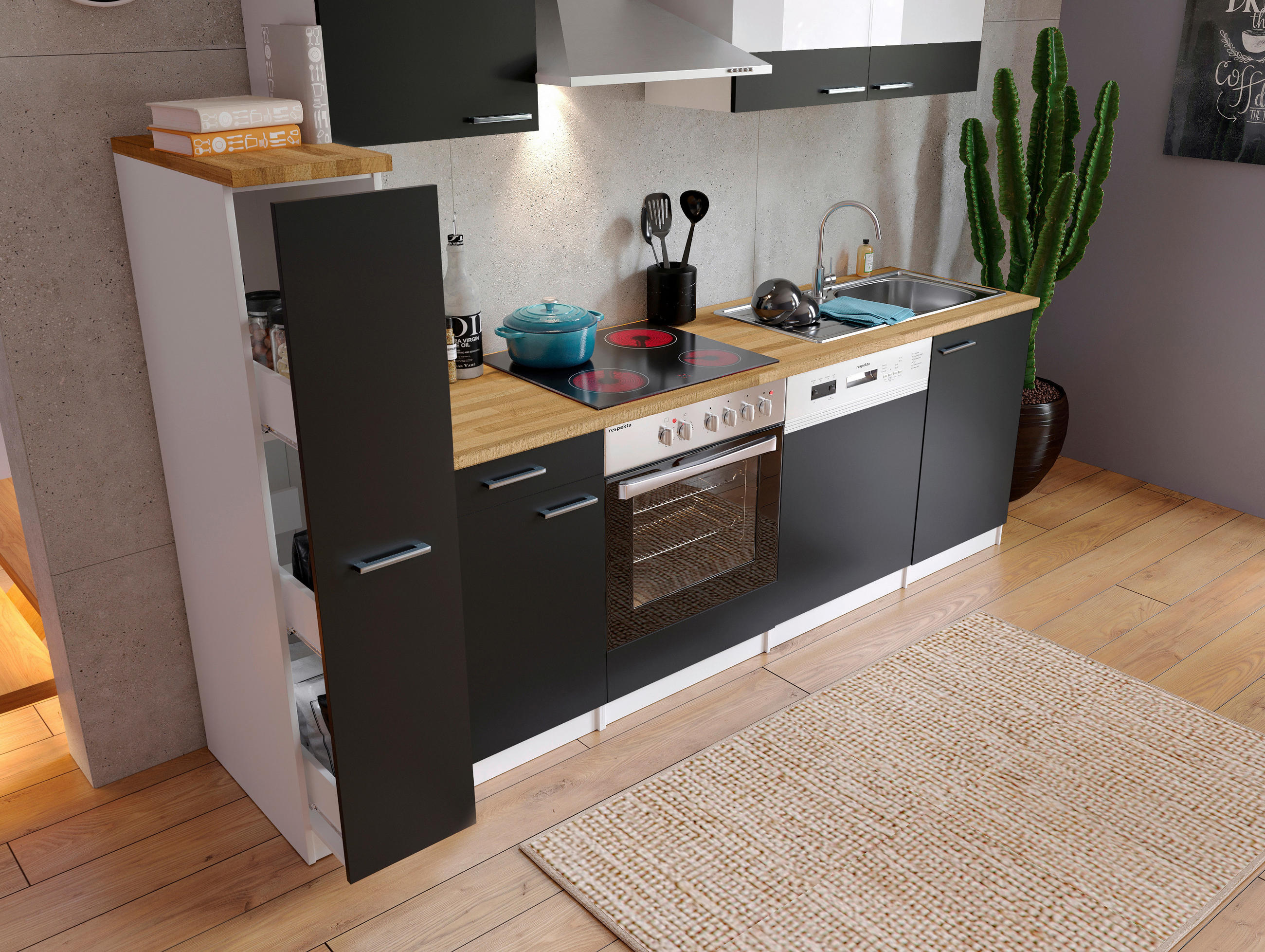 KÜCHENBLOCK 250 cm   in Schwarz  - Edelstahlfarben/Nussbaumfarben, Basics, Holzwerkstoff/Metall (250cm) - Respekta