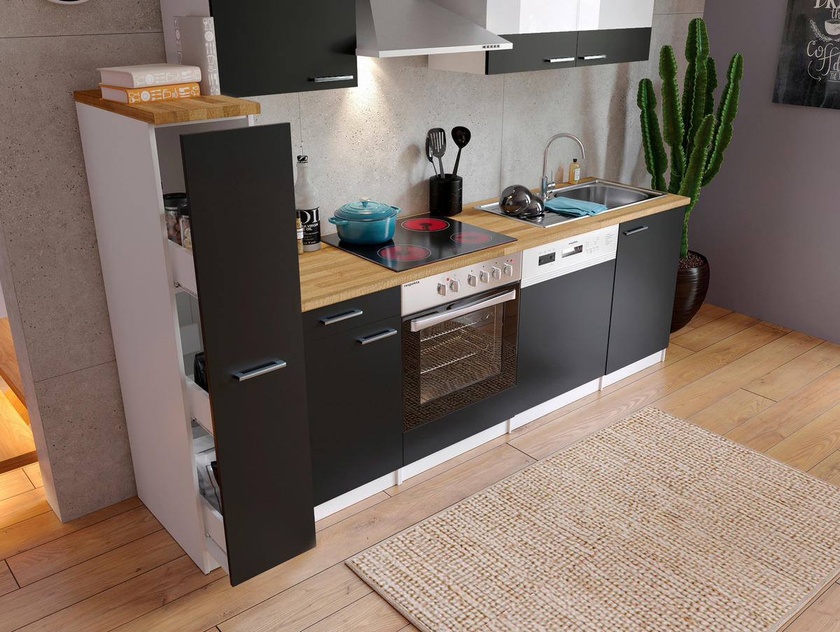 KÜCHENBLOCK 250 cm   in Schwarz  - Weiss/Edelstahlfarben, Basics, Holzwerkstoff/Metall (250cm) - Respekta