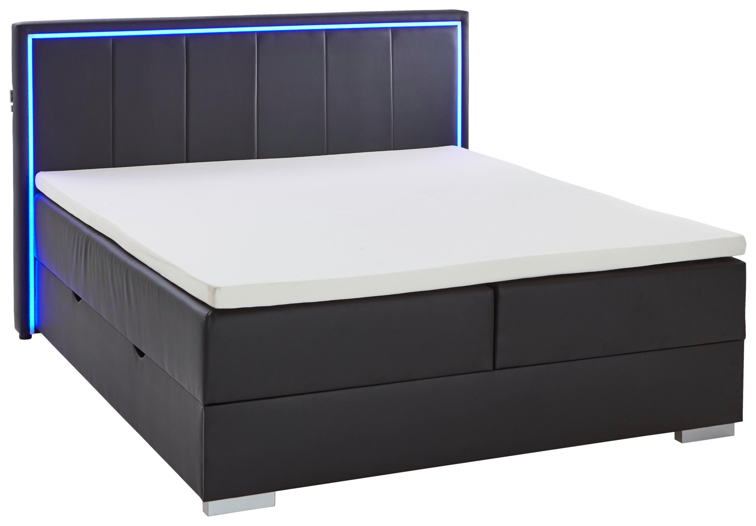 BOXSPRINGBETT 180/200 cm,  in Schwarz, Beleuchtung, Bettkasten, Topper, H3 + H3 = fest  - Silberfarben/Schwarz, Design, Holz/Textil (180/200cm) - Boxxx