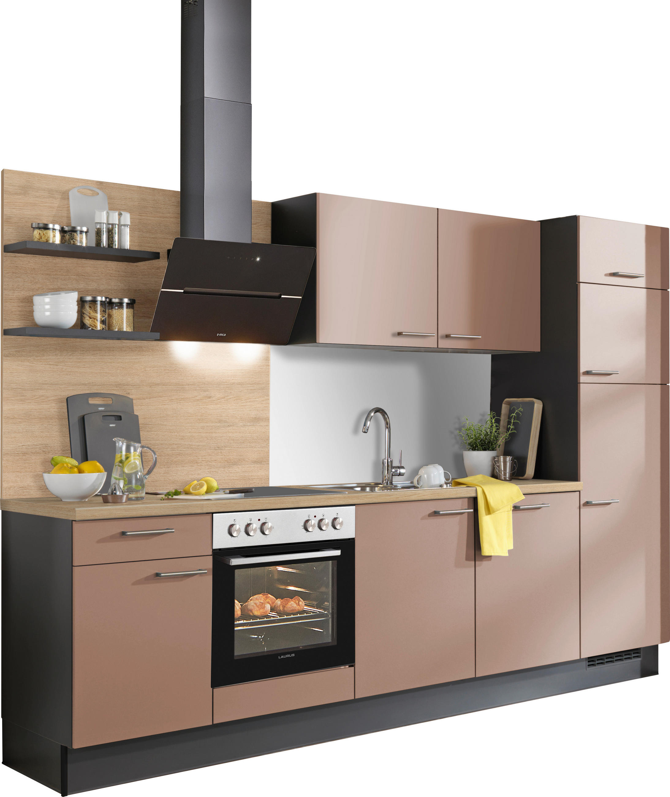 KÜCHENBLOCK 290 cm   in Graphitfarben, Eichefarben, Altrosa  - Edelstahlfarben/Eichefarben, Design, Holzwerkstoff/Metall (290cm) - Xora