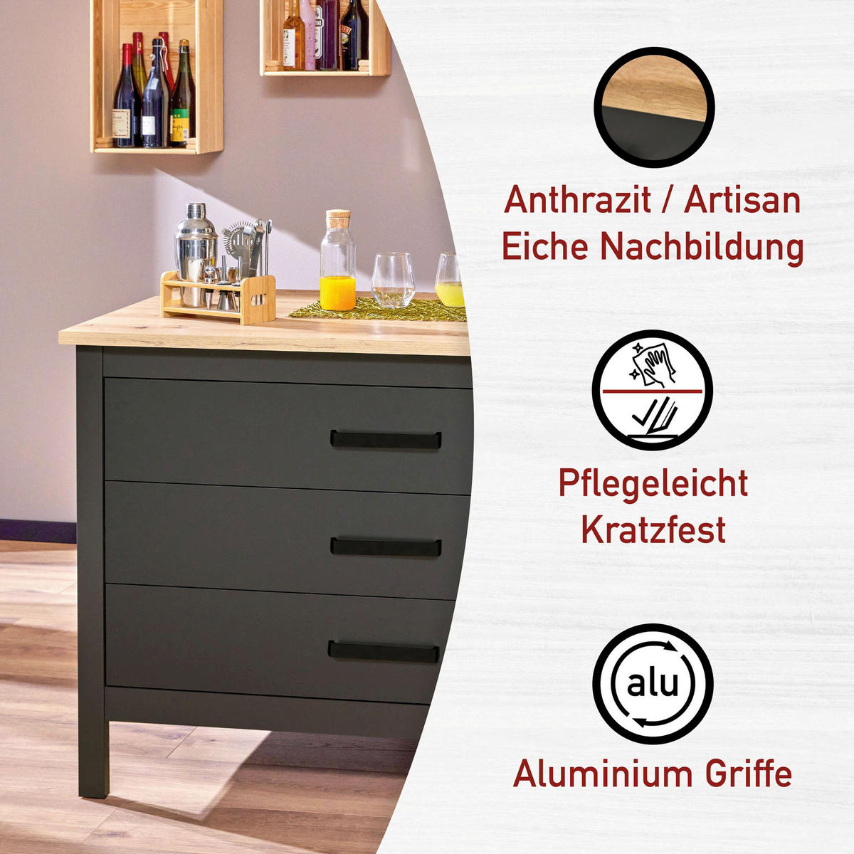 KÖKSÖ 124/91/75 cm  i antracit, ek Artisan  - svart/ek Artisan, Modern, metall/trämaterial (124/91/75cm) - home24