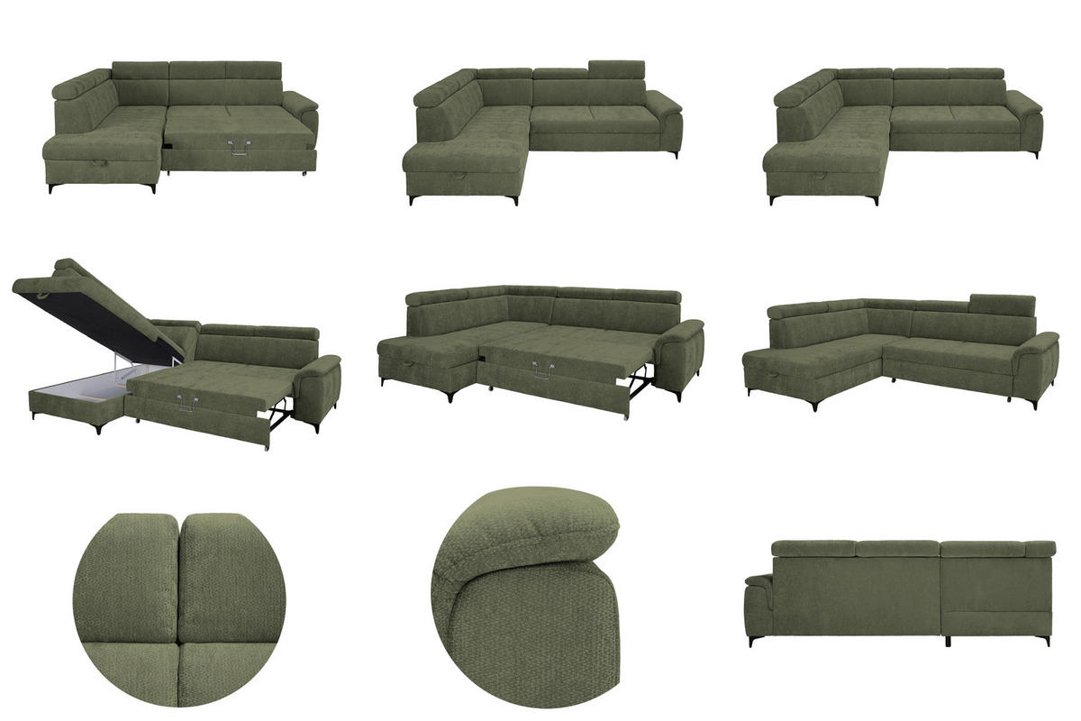 ECKSOFA Dunkelgrün Chenille Bettkasten, Schlaffunktion, Rücken echt, Kopfteilverstellung, Liegefläche im Originalstoff  - Dunkelgrün/Schwarz, KONVENTIONELL, Textil/Metall (206/265cm) - Carryhome