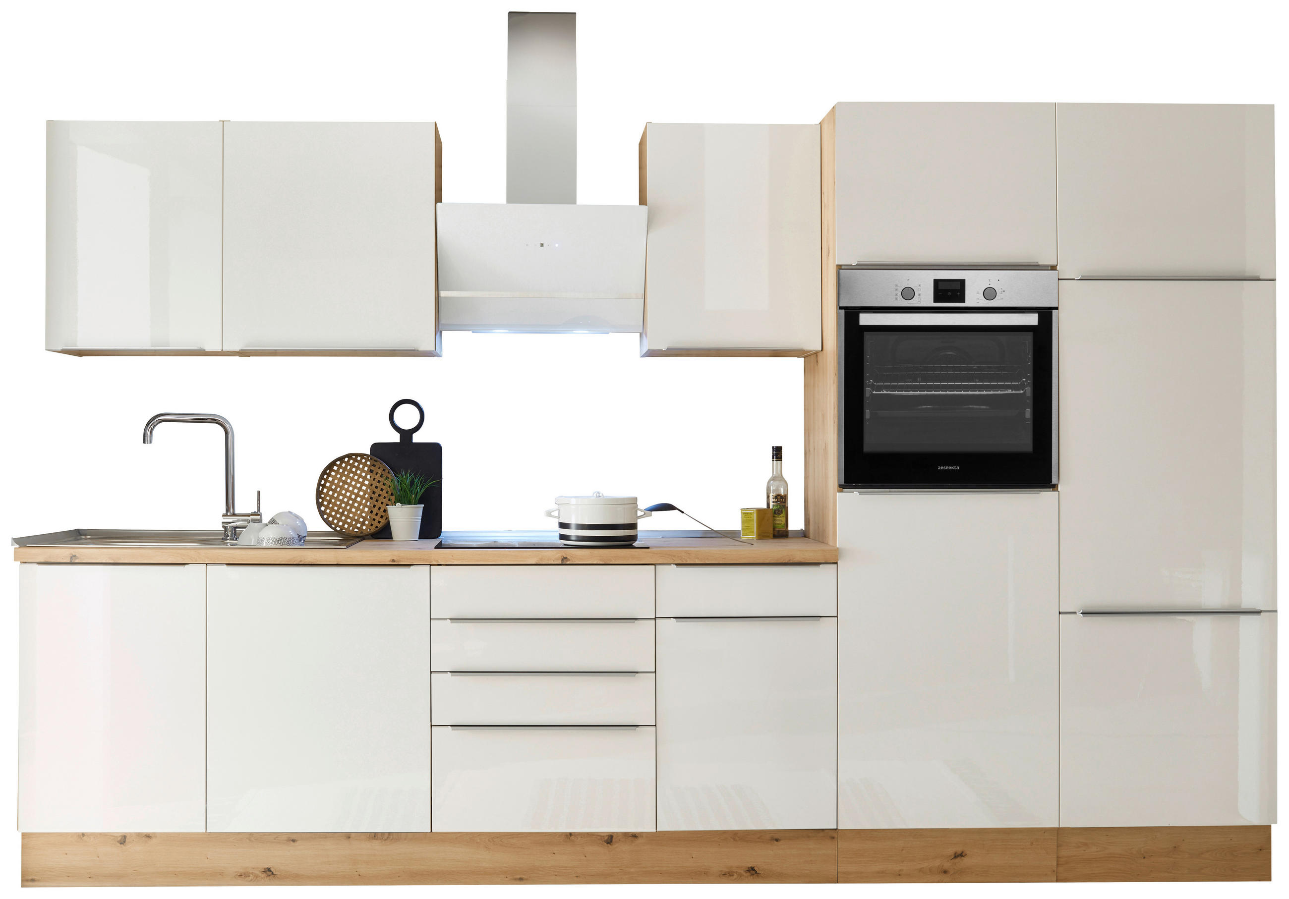 KÜCHENBLOCK 340 cm   in Eiche Artisan, Weiß Hochglanz  - Weiß Hochglanz/Alufarben, LIFESTYLE, Holzwerkstoff/Kunststoff (340cm) - Respekta