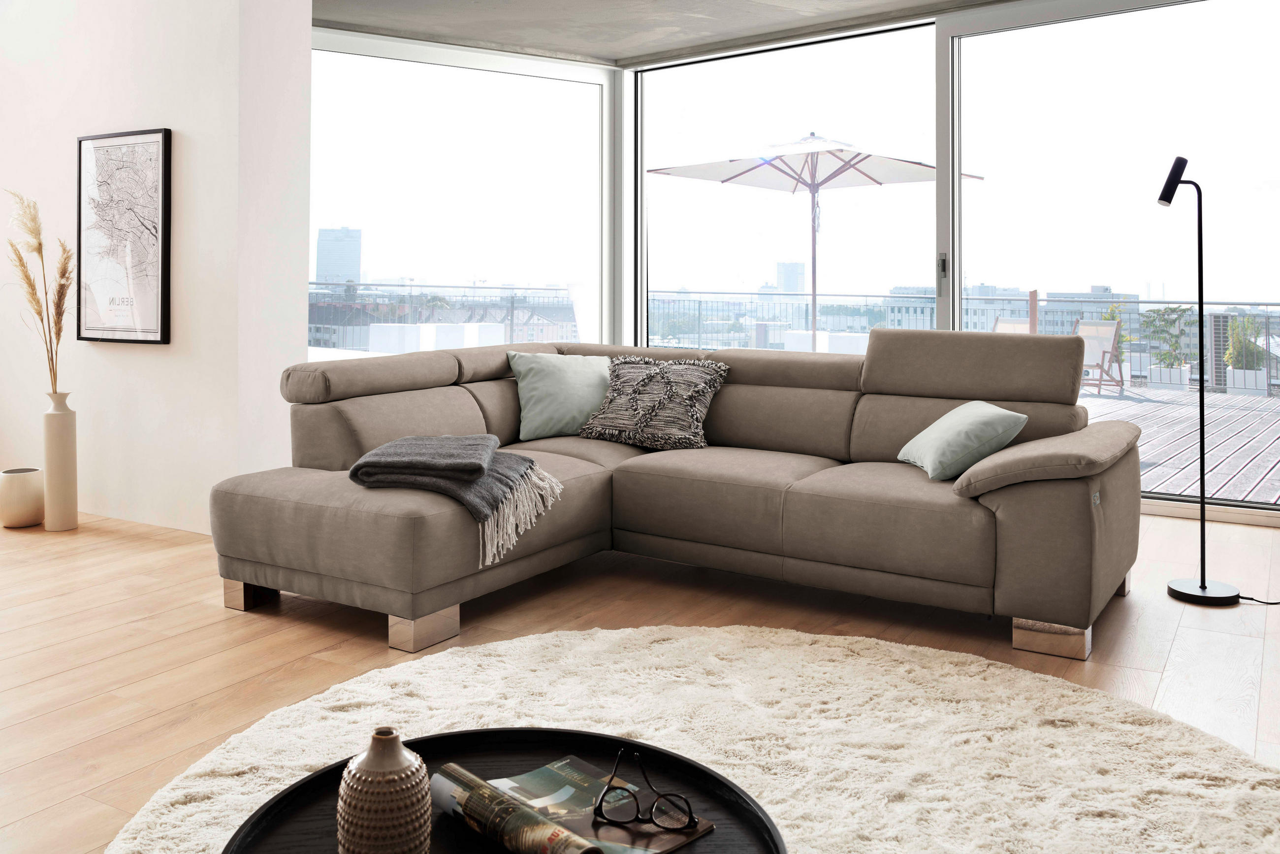 ECKSOFA in Mikrofaser Hellbraun  - Chromfarben/Hellbraun, Design, Holz/Textil (205/270cm) - Pure Home Lifestyle